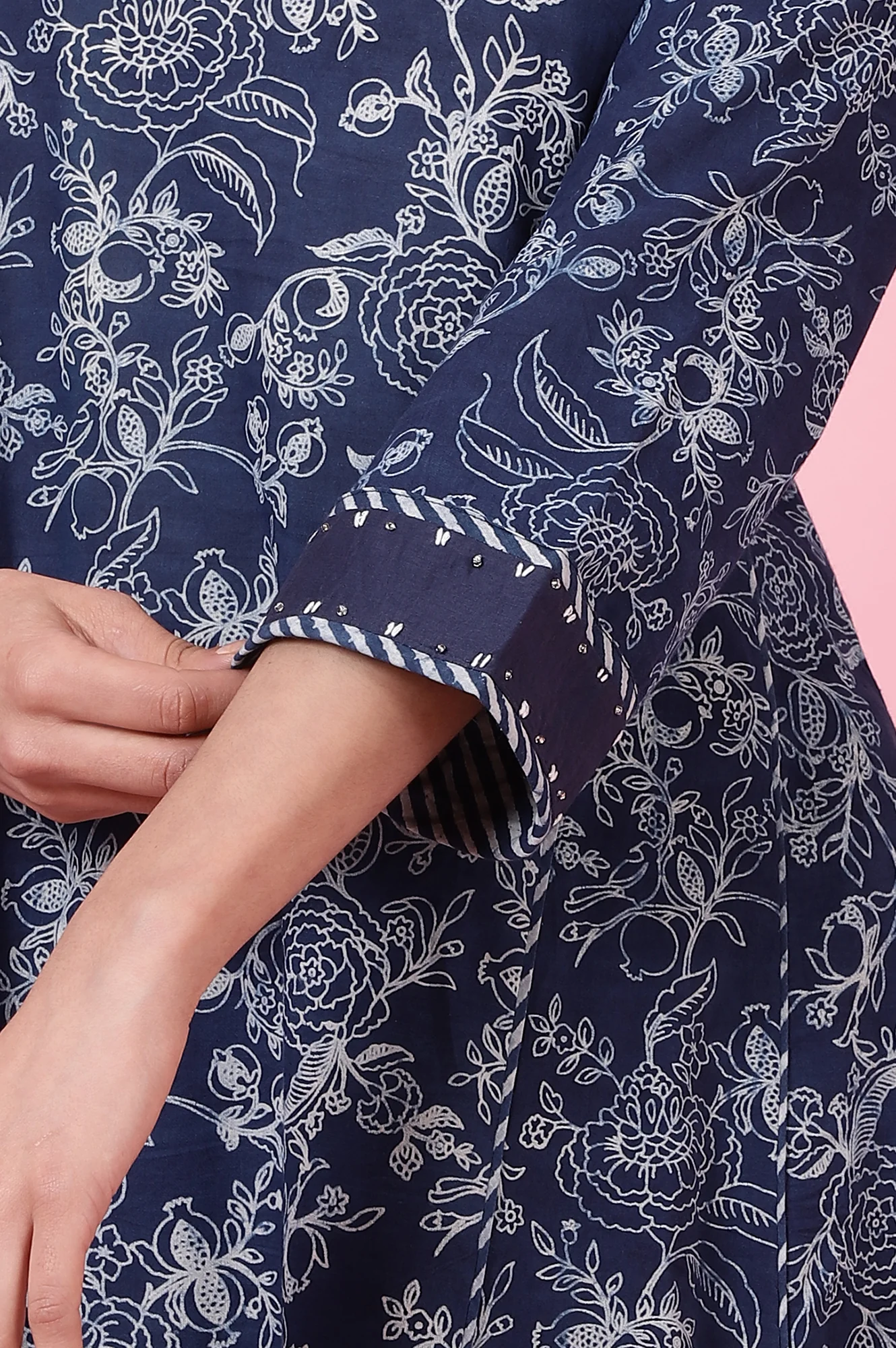 Indigo Handblock Print Flared Cotton Kurta - Image 8