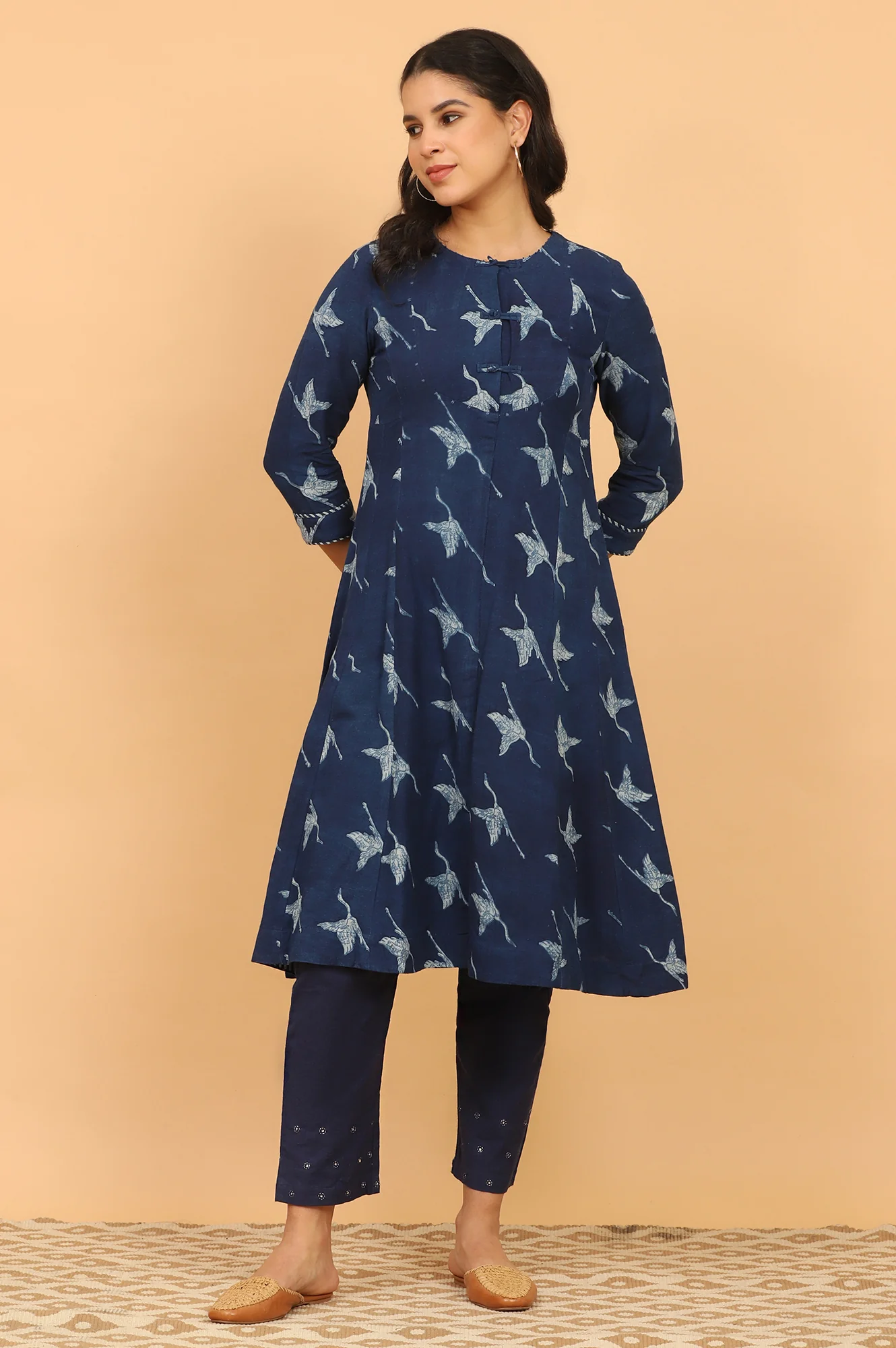 Indigo Handblock Print Flared Kurta in Rayon Flax - Image 2