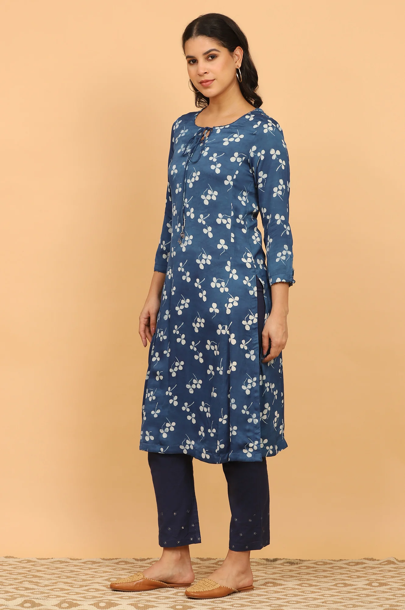Indigo Handblock Print Kurta in Modal Satin - Image 5