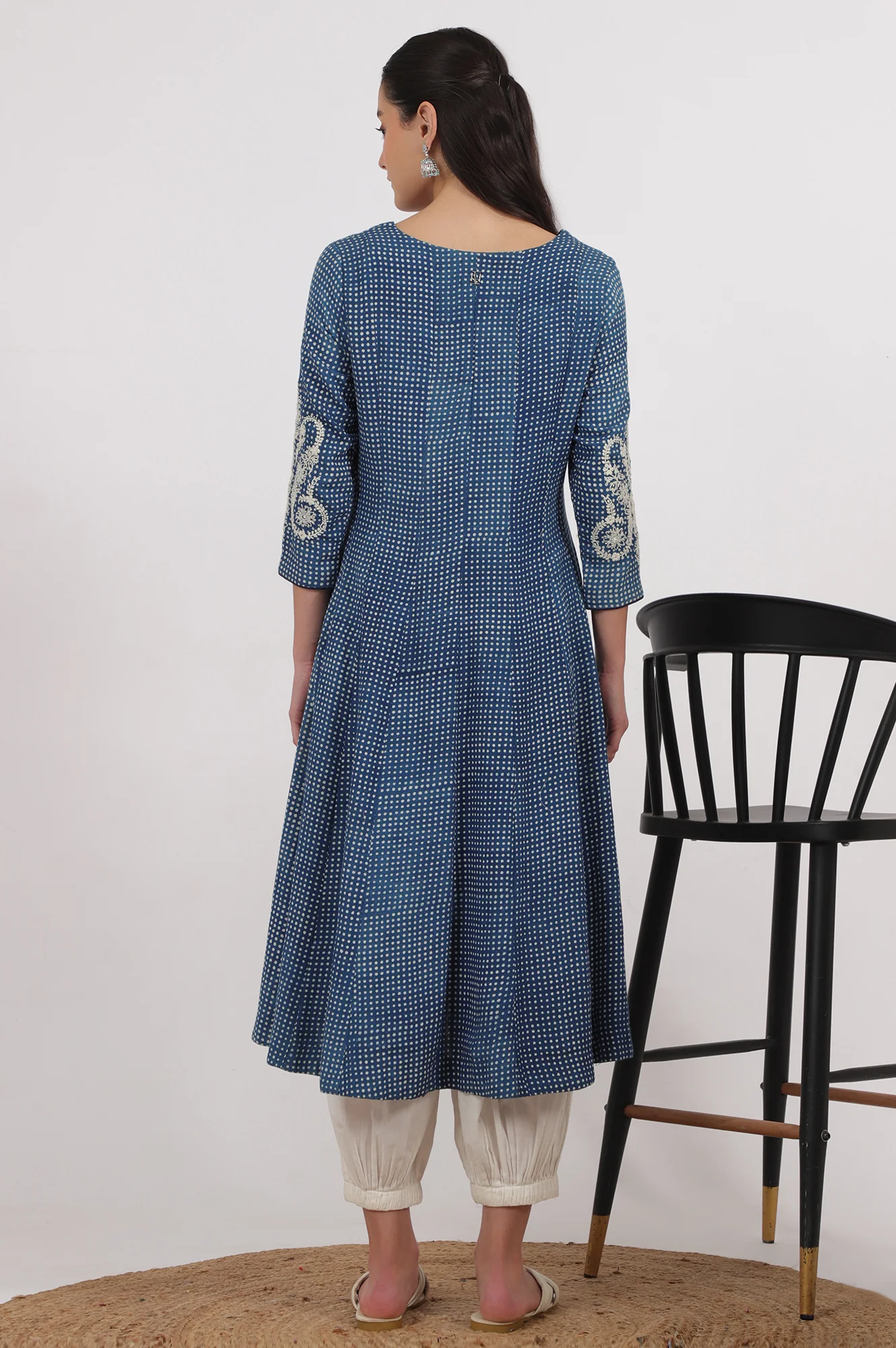 Indigo Handblock Printed Chikankari Kalidar Kurta - Image 6