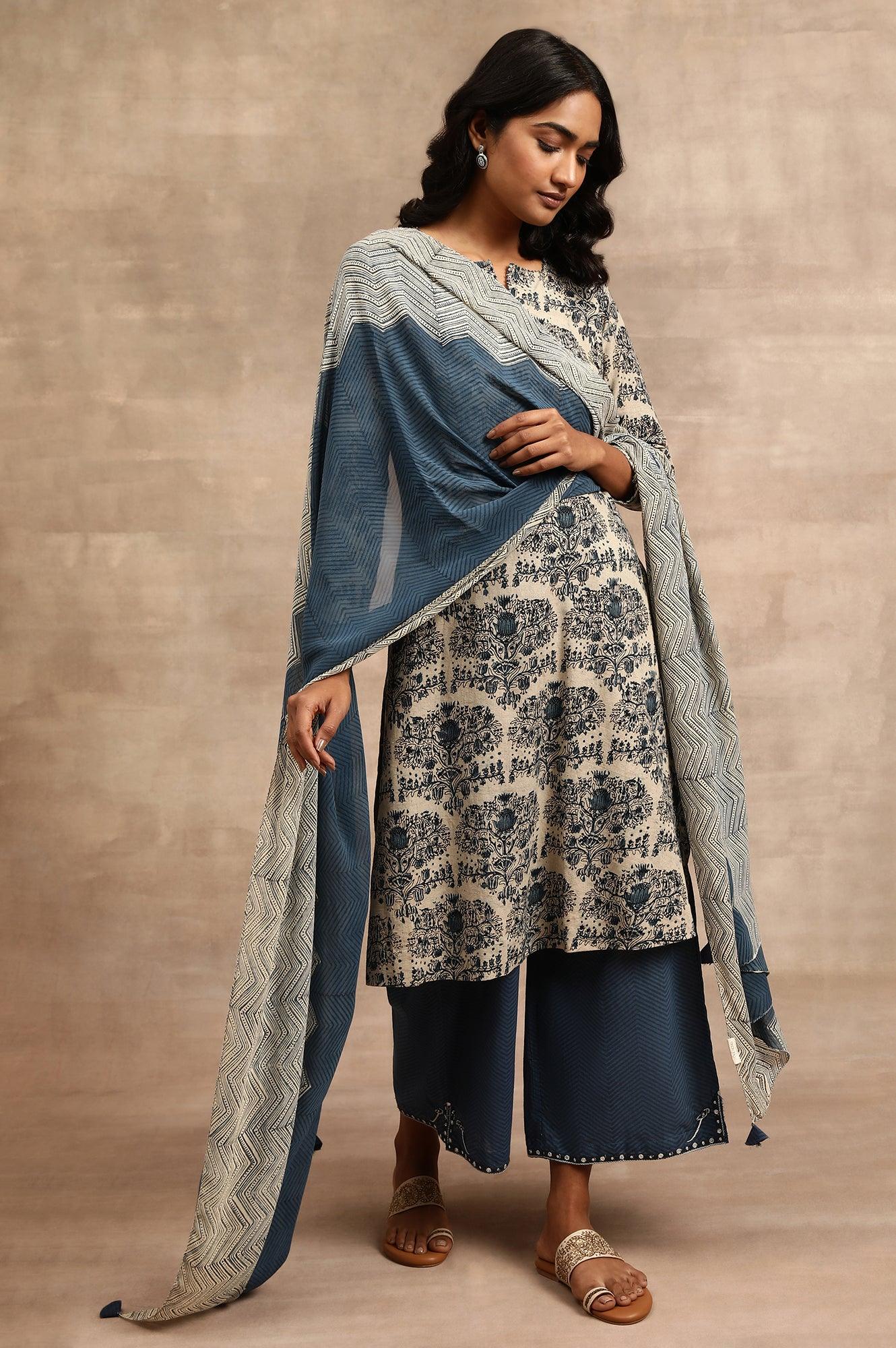 Indigo Printed Georgette Drape - Image 2