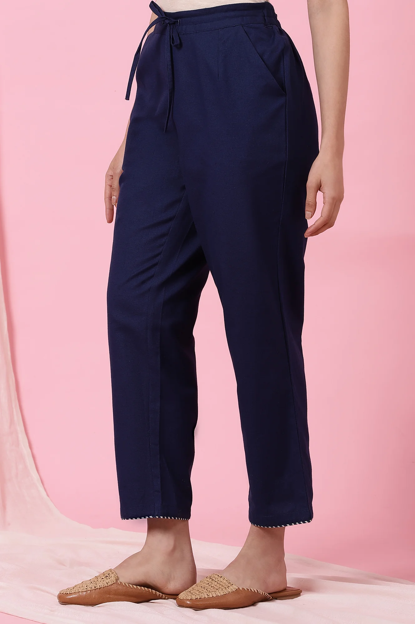 Indigo Solid Straight Pants in Cotton Flax - Image 2