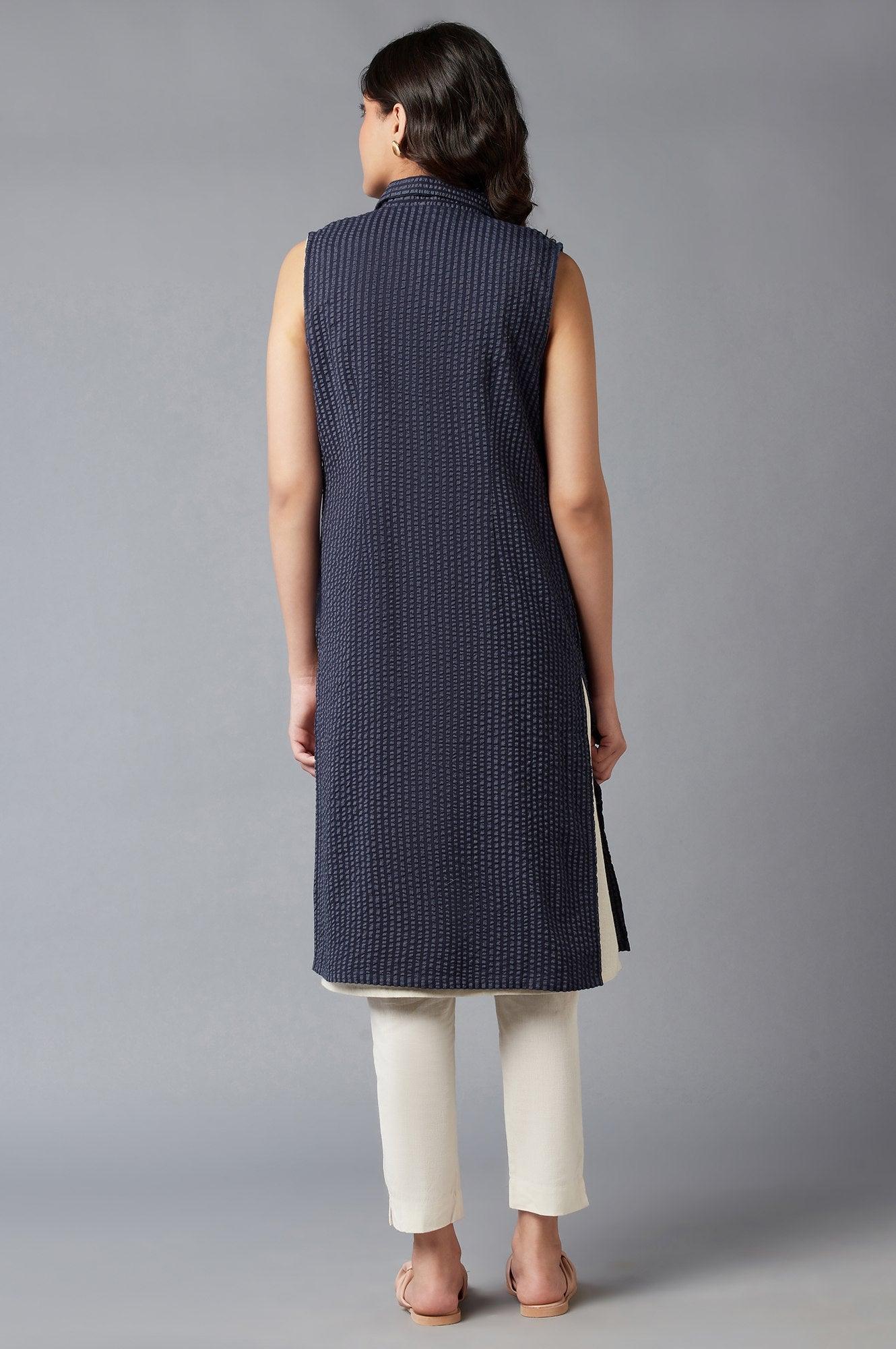 Indigo Stripe Textured Cotton Lapel Collar Jacket - Image 2