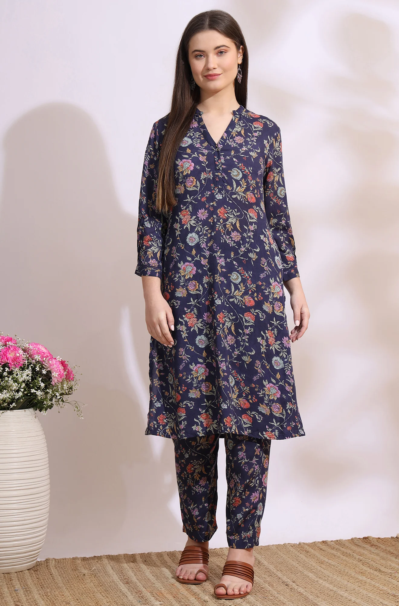 Ink Grey Floral Printed Modal A-line Kurta and Pants Co-ord Set - Image 2