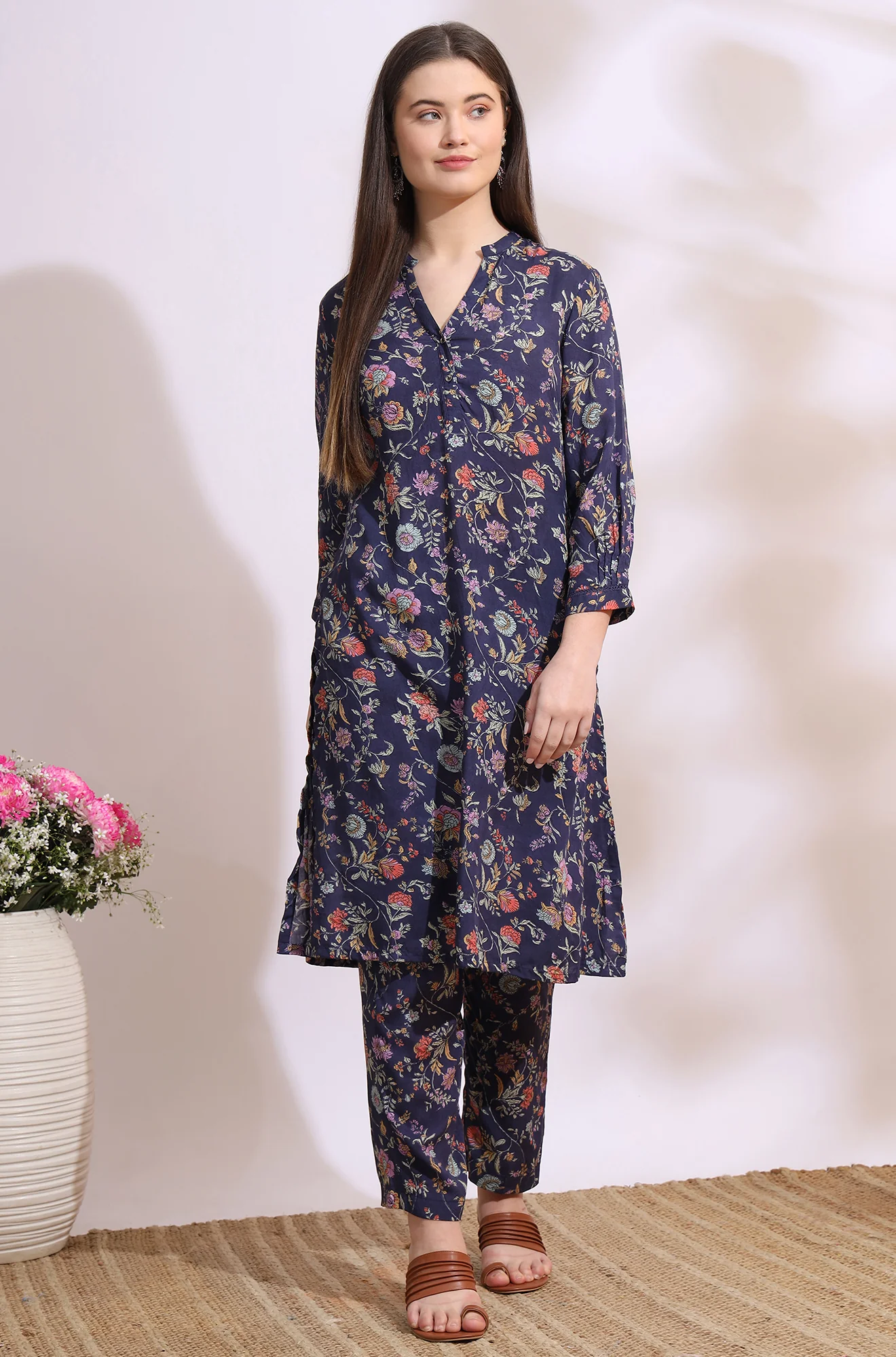 Ink Grey Floral Printed Modal A-line Kurta and Pants Co-ord Set - Image 3