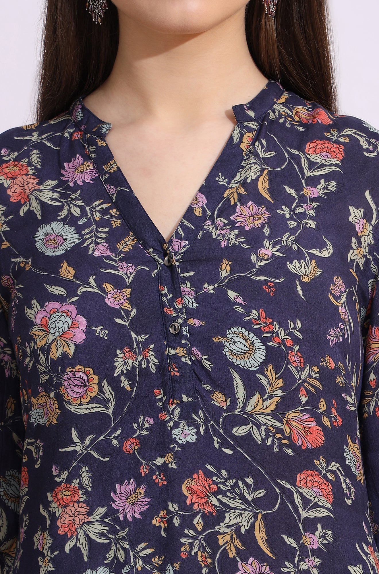 Ink Grey Floral Printed Modal A-line Kurta and Pants Co-ord Set - Image 4