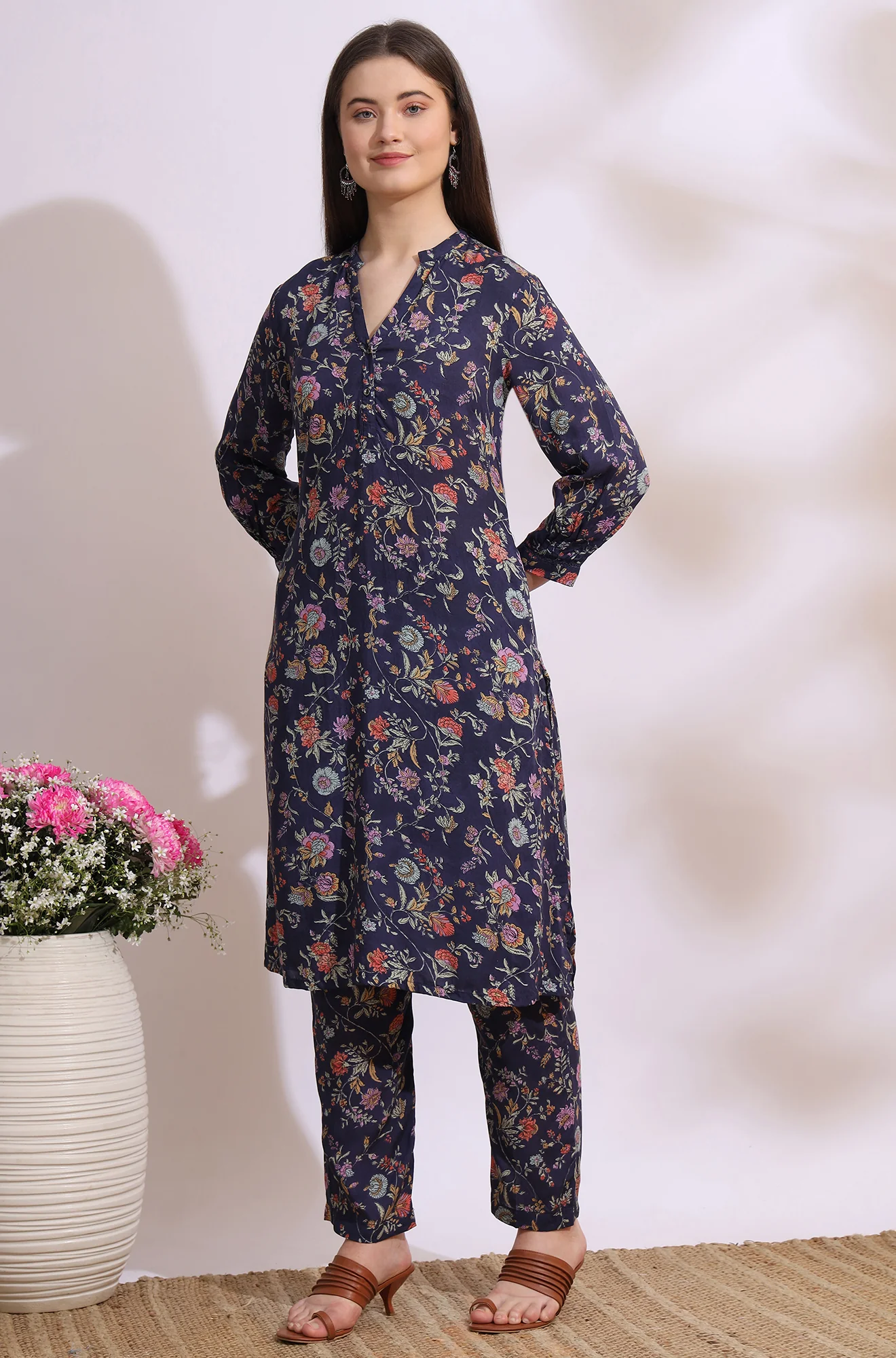 Ink Grey Floral Printed Modal A-line Kurta and Pants Co-ord Set - Image 5