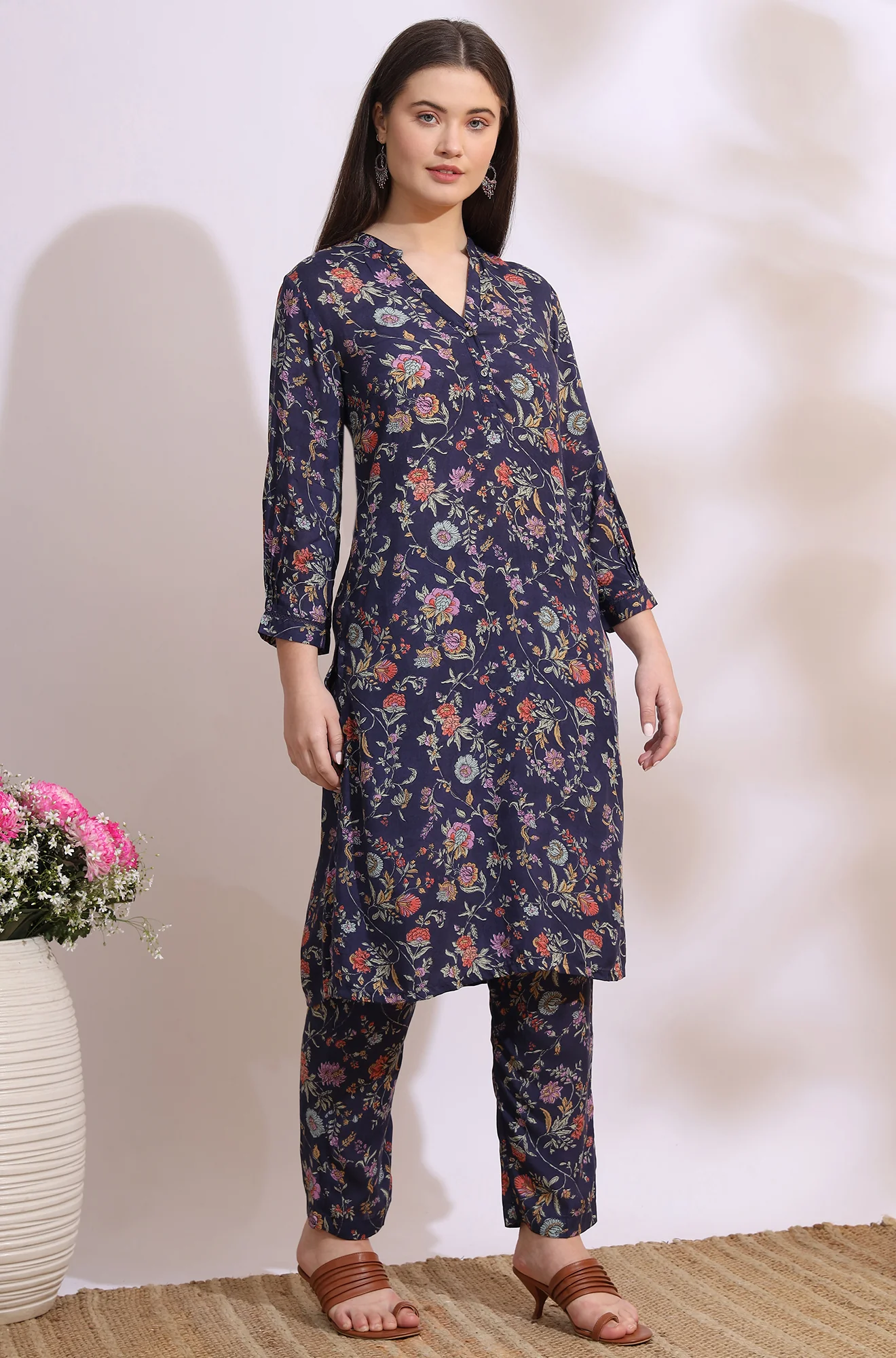 Ink Grey Floral Printed Modal A-line Kurta and Pants Co-ord Set - Image 7