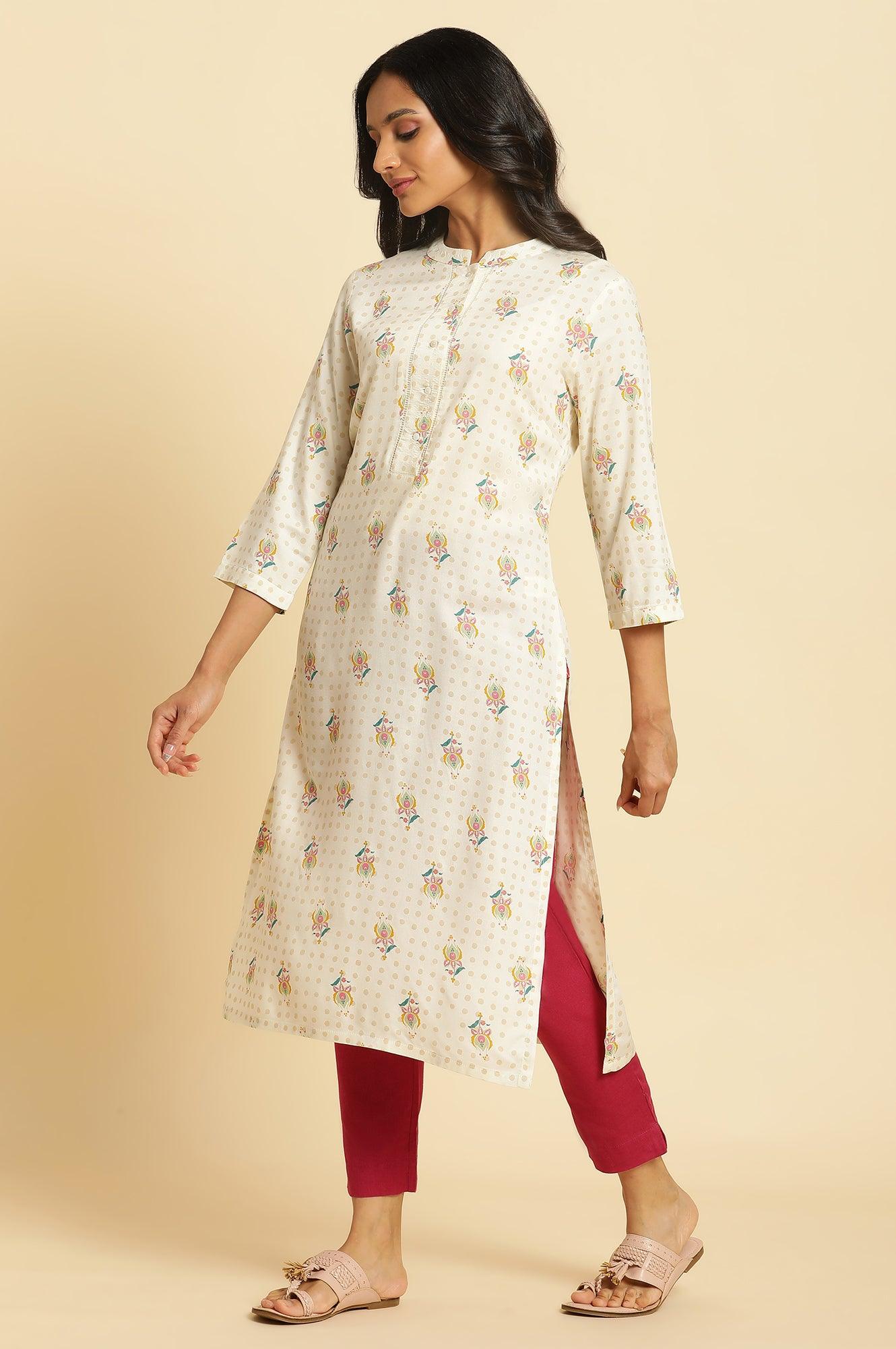 Ivory Floral Printed Straight Kurta - Image 2