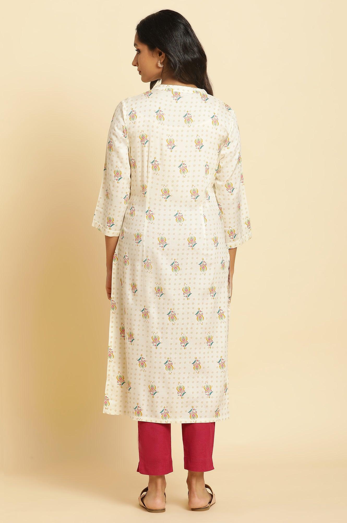 Ivory Floral Printed Straight Kurta - Image 3