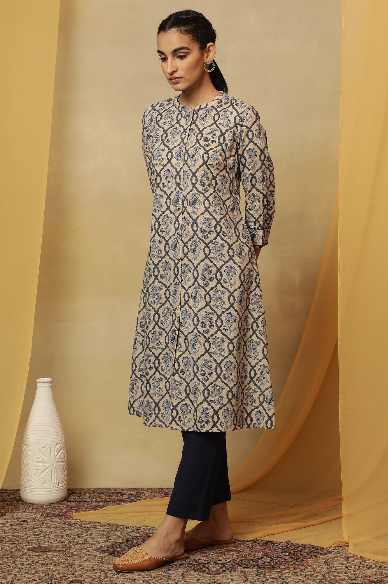 Ivory Jaal Block Printed Kurta In Cotton Slub - Image 3