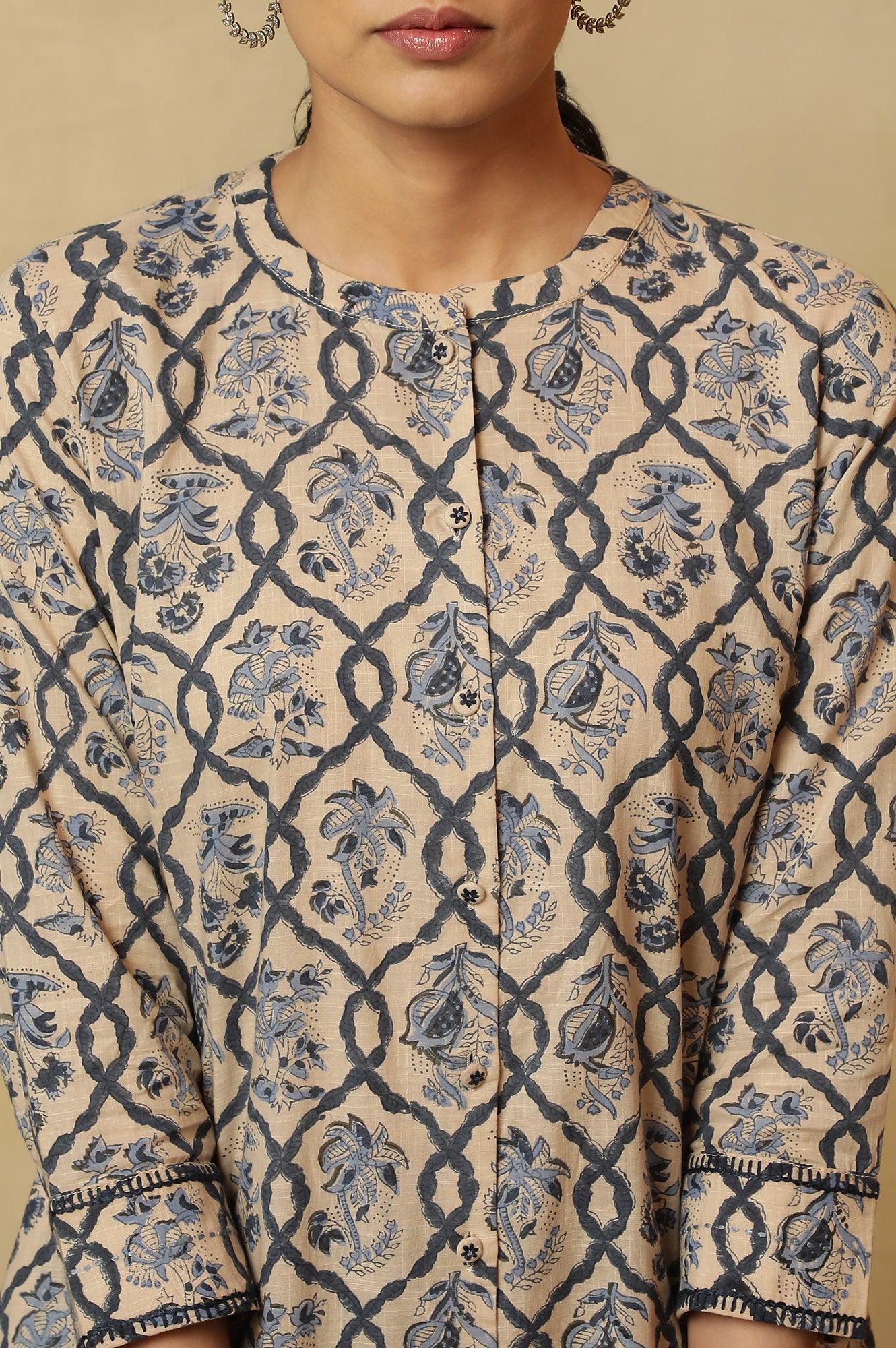 Ivory Jaal Block Printed Kurta In Cotton Slub - Image 7