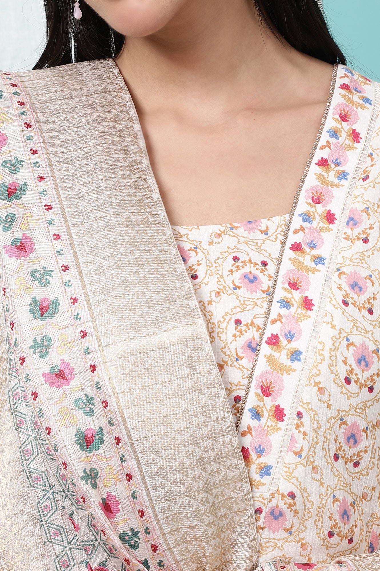 Ivory Printed Jacquard Silk Dobby Dupatta - Image 4