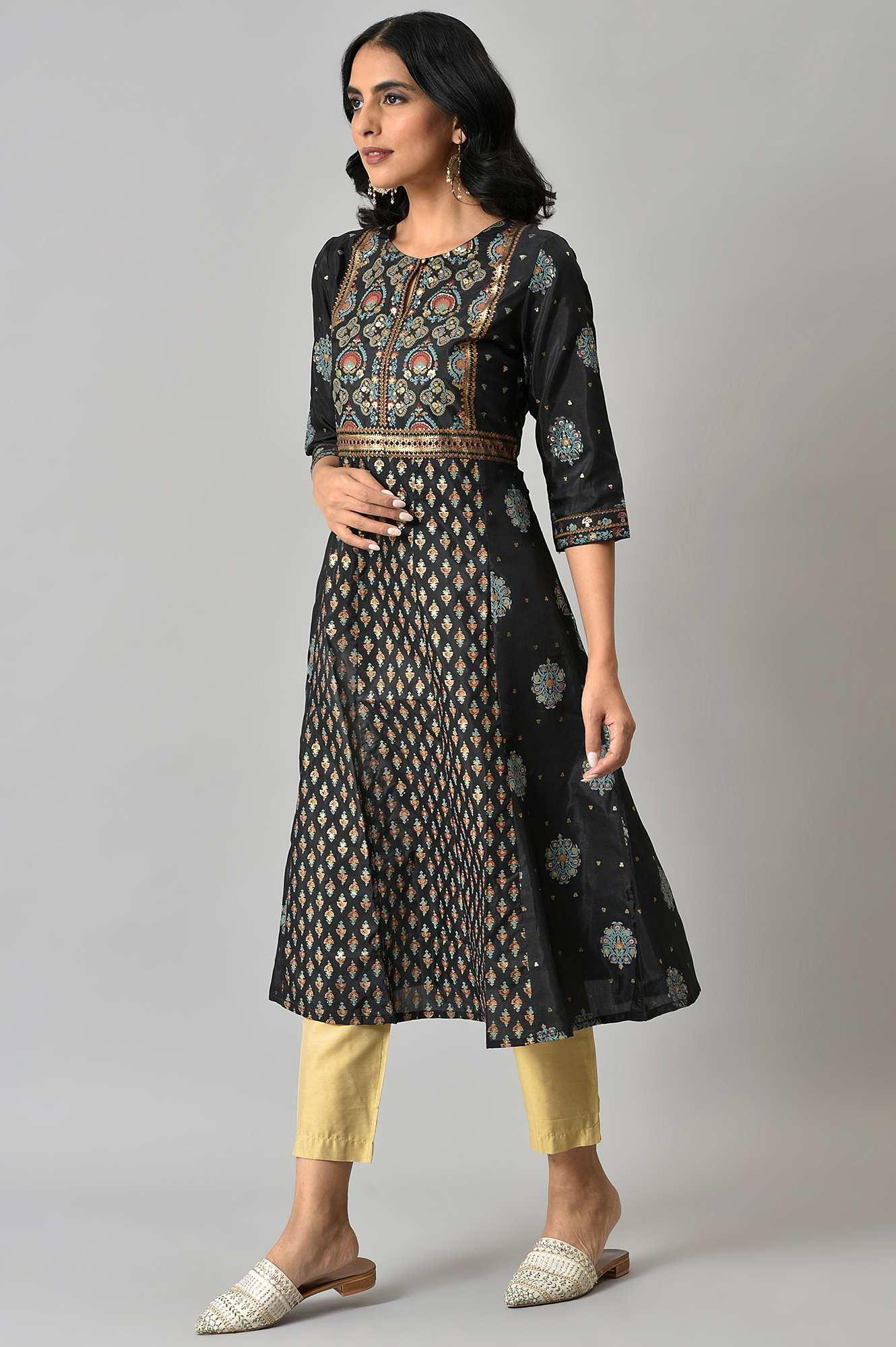 Jet Black Foil Printed Shantung kurta - Image 3