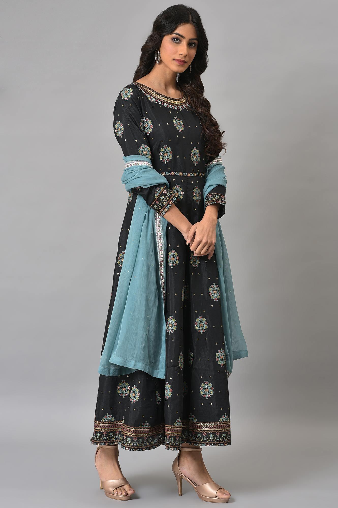Jet Black Printed Kalidar Embroidered Dress With Blue Chiffon Dupatta - Image 4