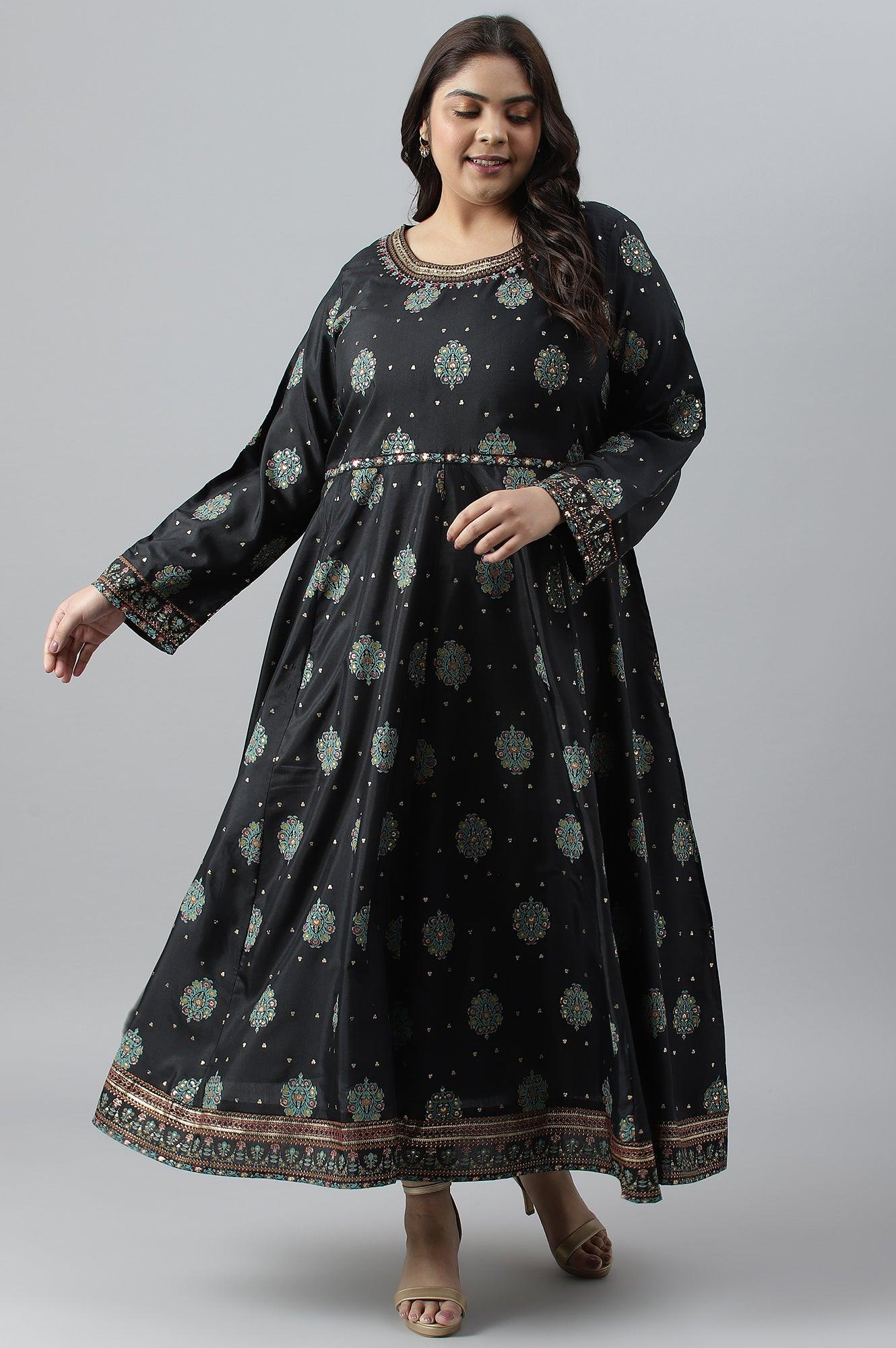 Jet Black Printed Kalidar Embroidered Plus Size Dress - Image 6