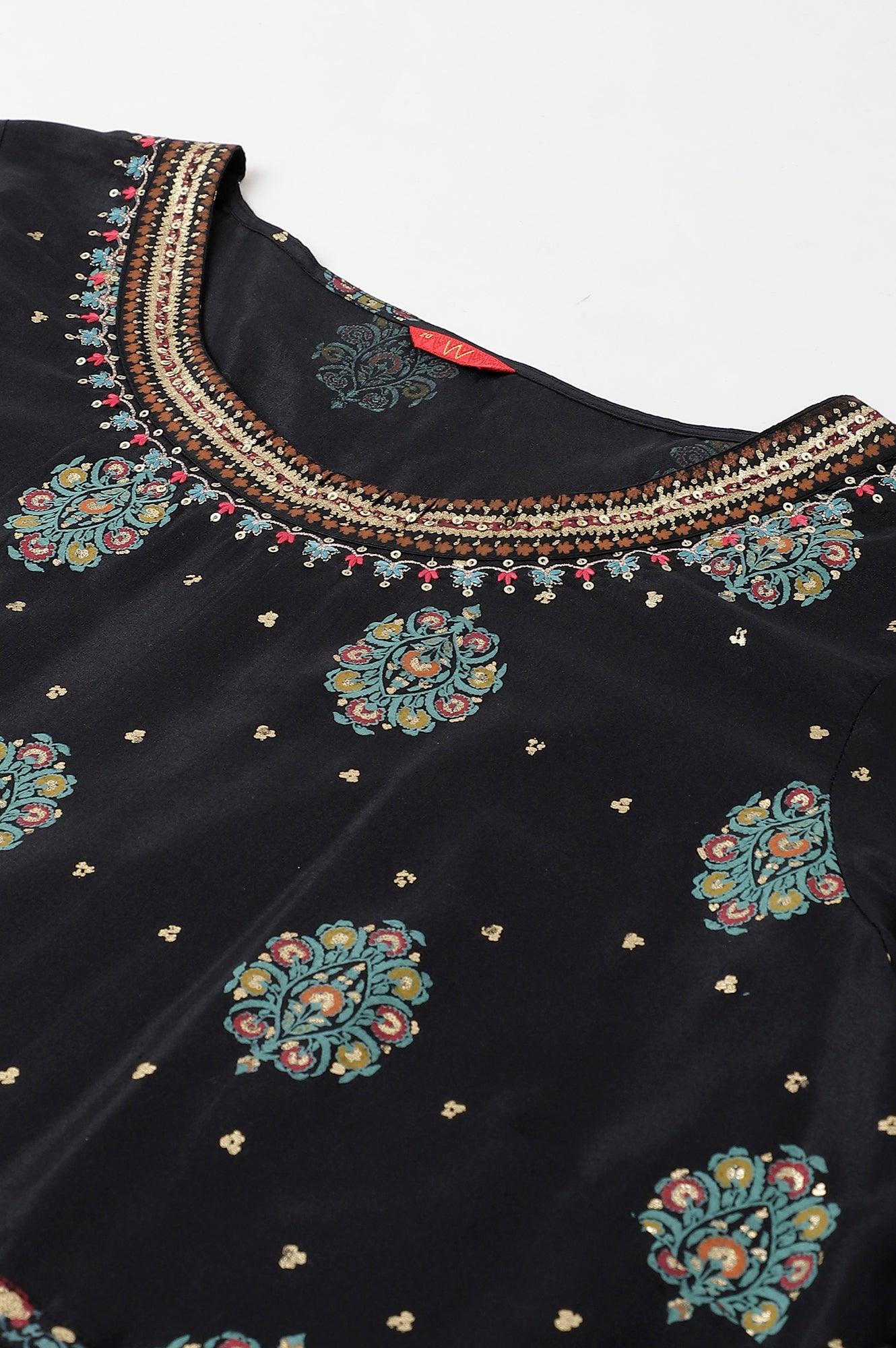 Jet Black Printed Kalidar Embroidered Plus Size Dress - Image 7