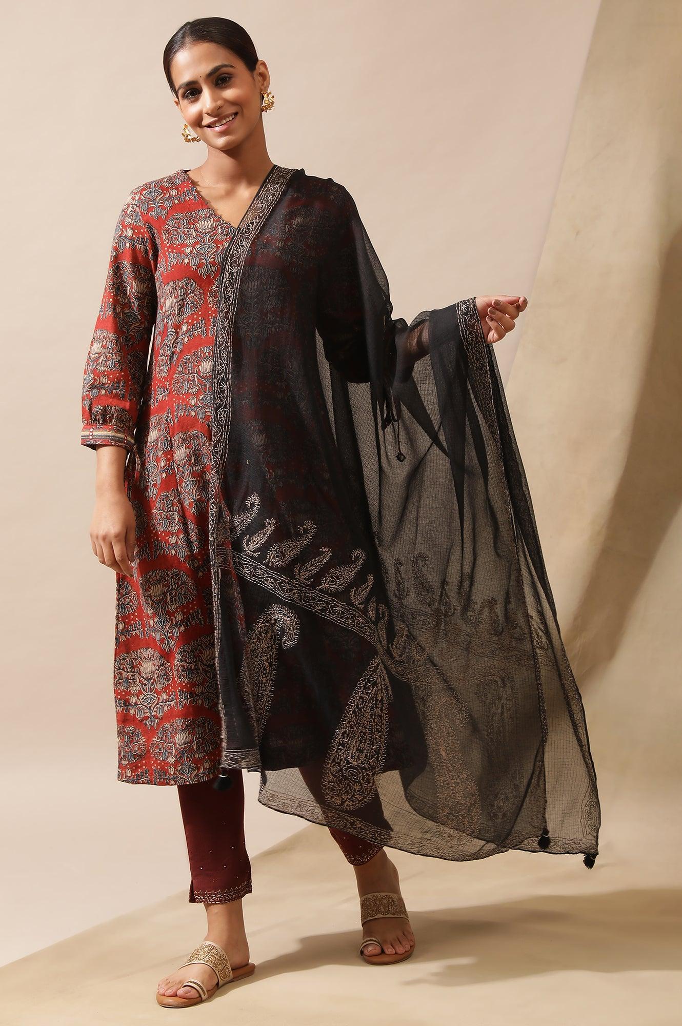 Jet Black Tepchi Embroidered Kota Drape - Image 3
