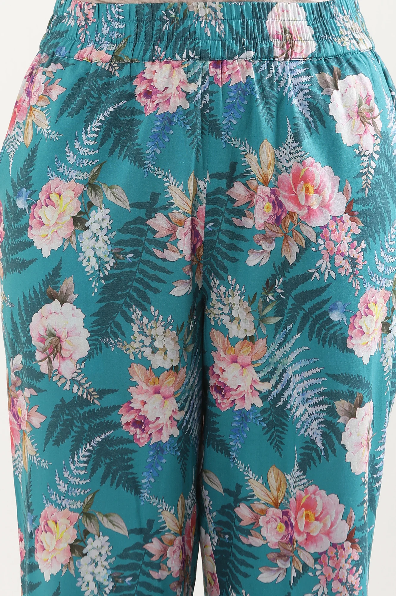 Green Floral Printed Straight Fit Cotton Palazzo With Elasticated Waist - Image 9