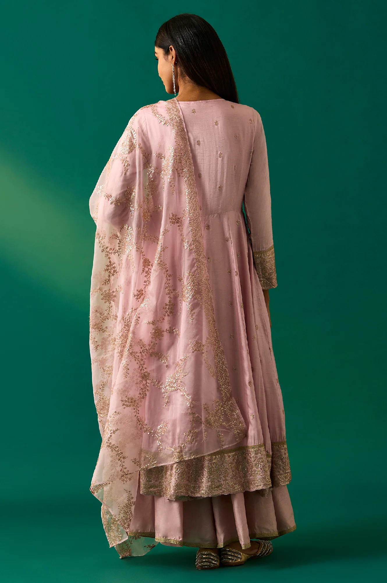 Lavendar Zari Embroidered Anarkali Kurta, Cullotes and Dupatta Set - Image 3