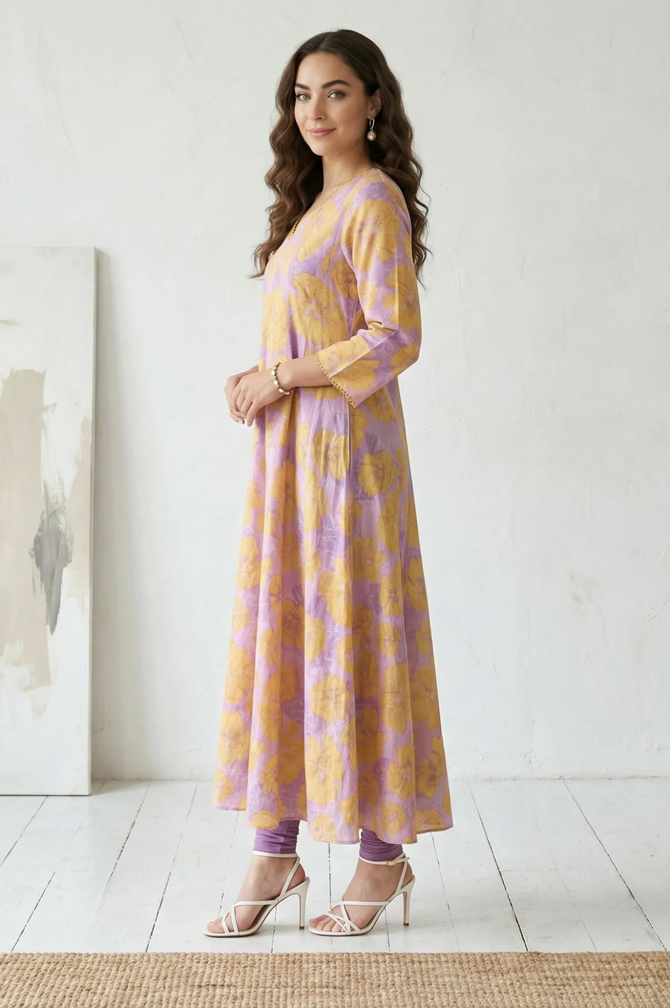 Lavender Bold Floral Printed Pure Cotton A-line Kurta - Image 3