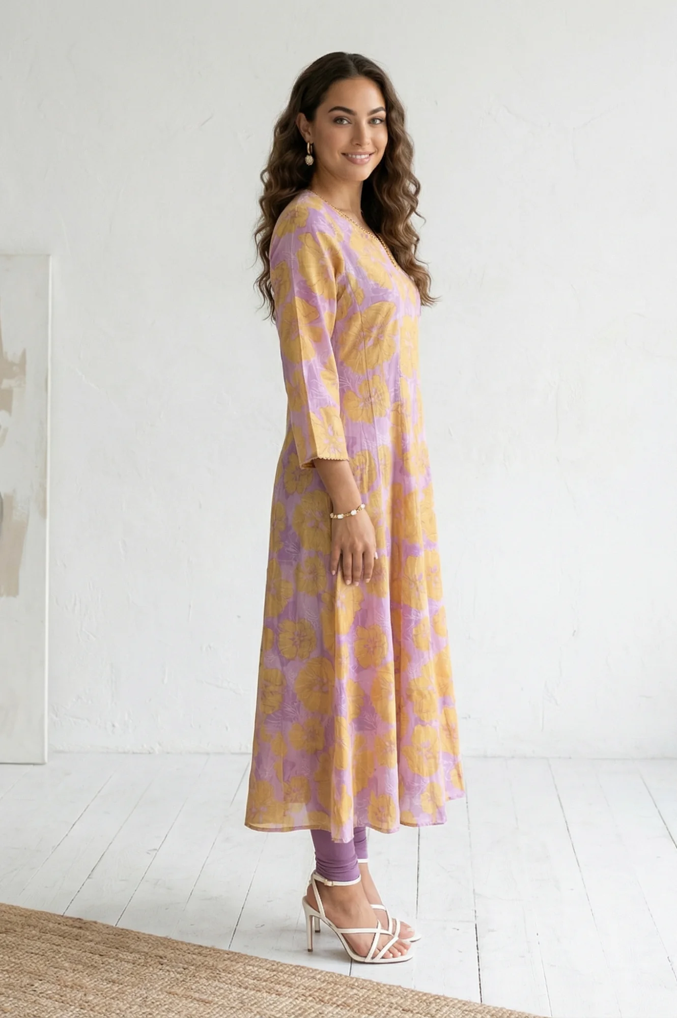 Lavender Bold Floral Printed Pure Cotton A-line Kurta - Image 5