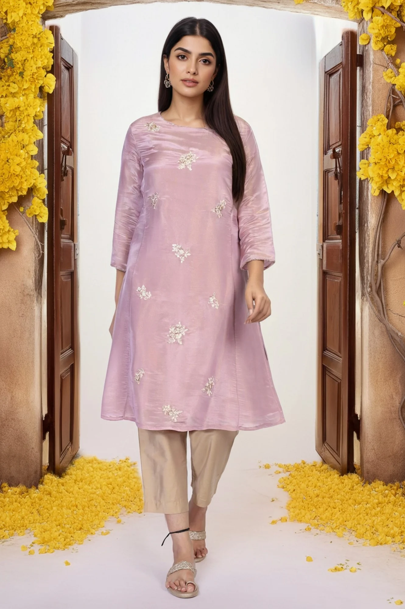 Lavender Embroidered A-Line Tissue Kurta - Image 2