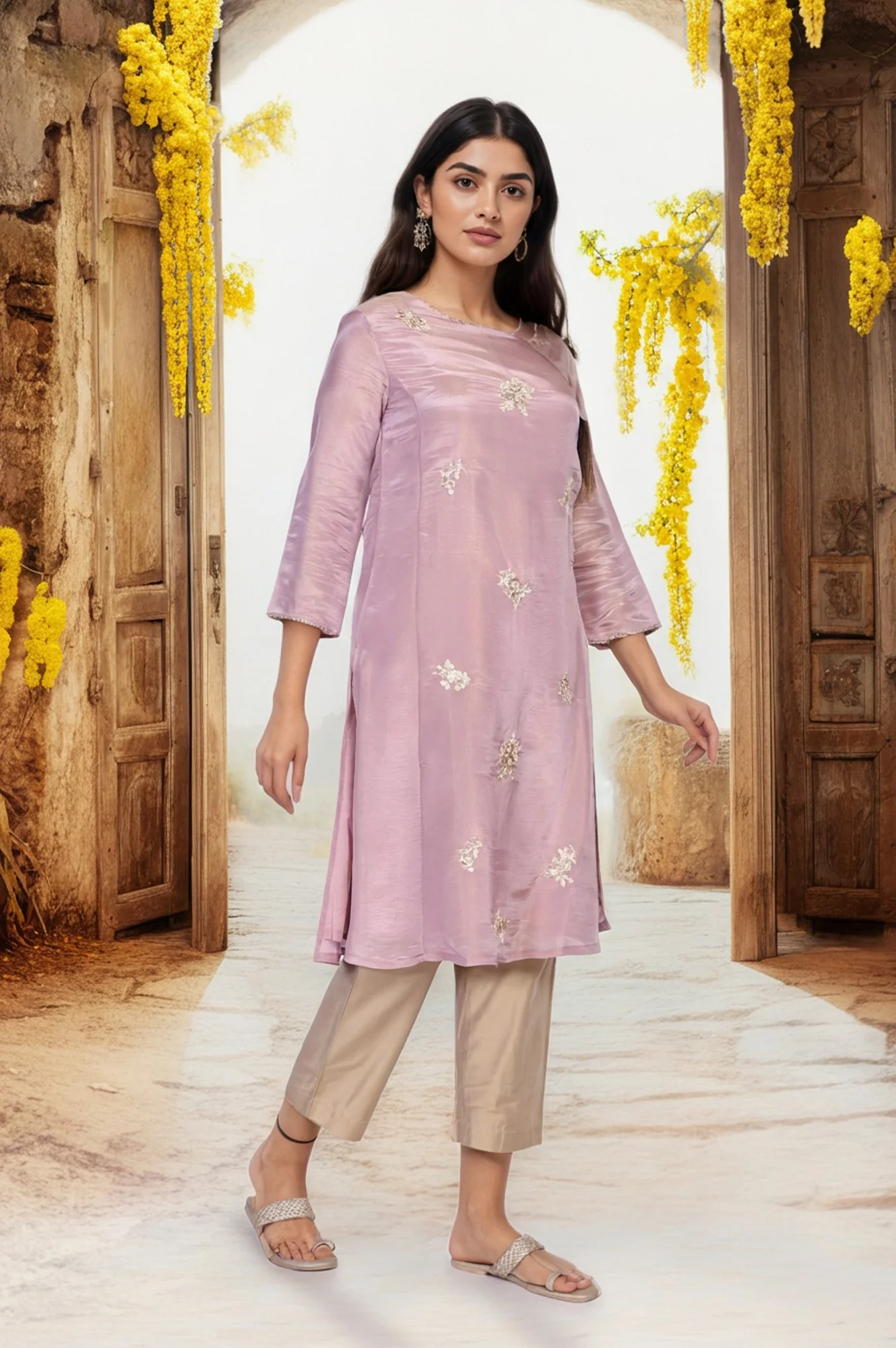 Lavender Embroidered A-Line Tissue Kurta - Image 4