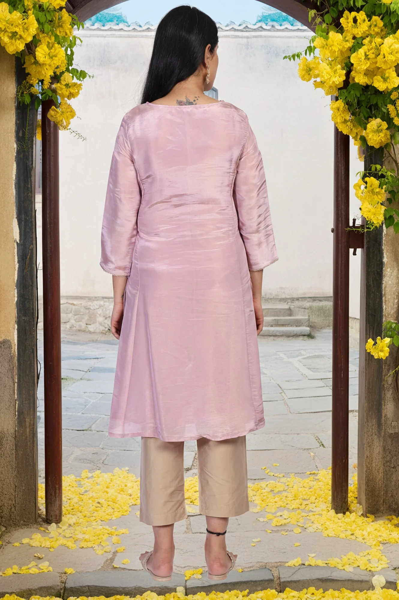 Lavender Embroidered A-Line Tissue Kurta - Image 5