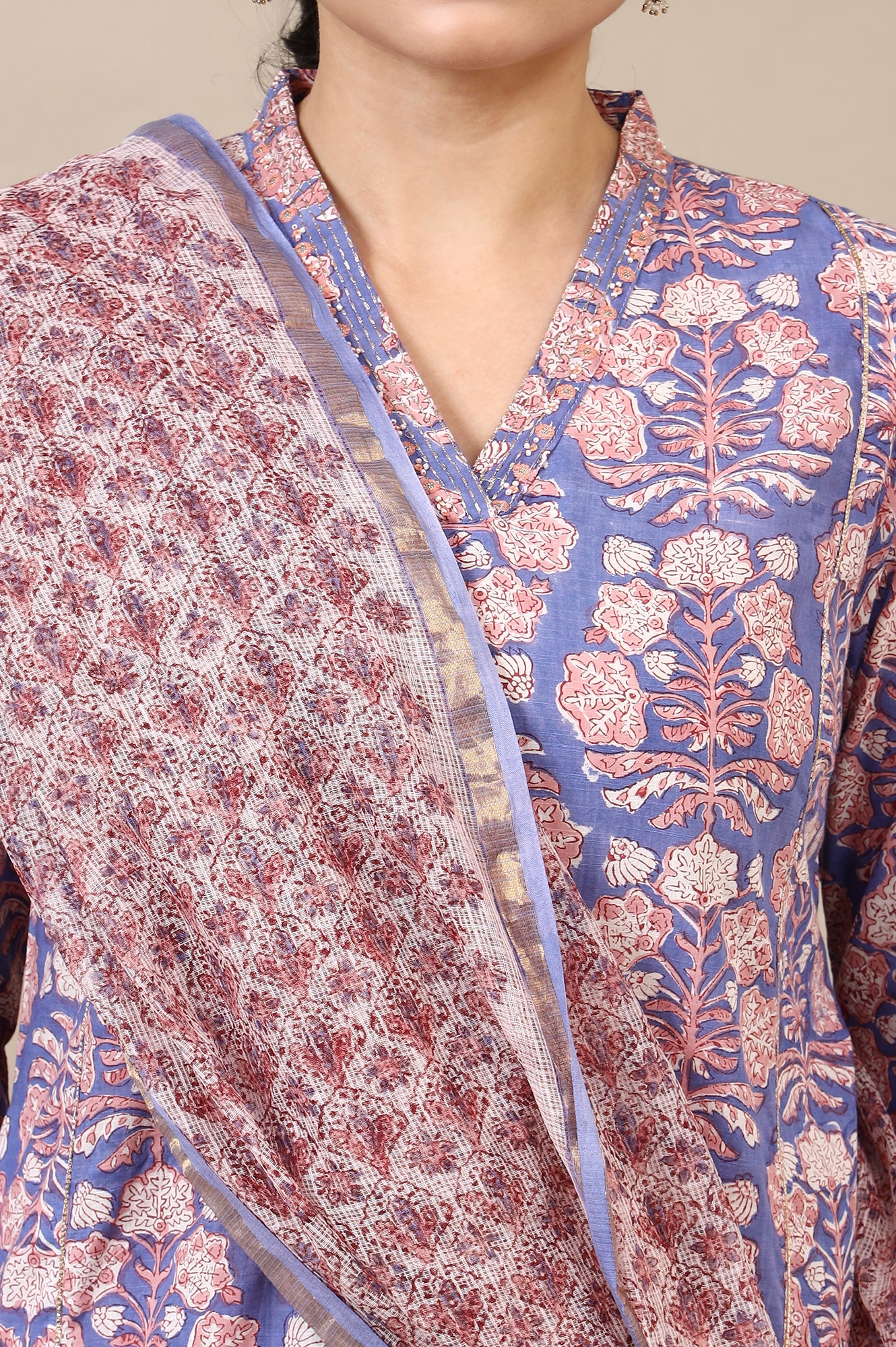 Lavender Handblock Printed Cotton Kurta, Straight Pants and Dupatta Set - Image 4
