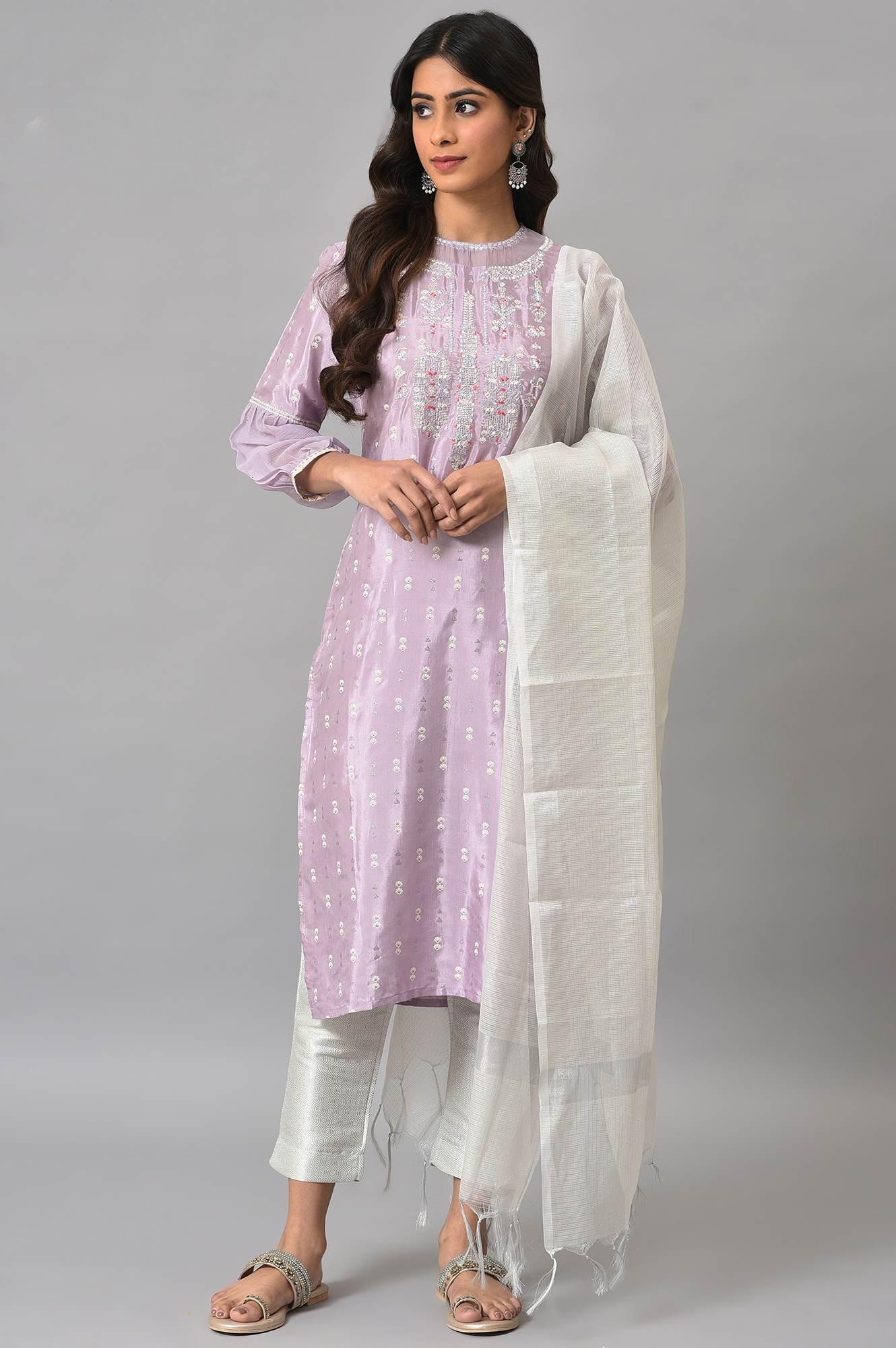 Lavender Shantung Embroidered kurta With Silver Slim Pants And Kota Dupatta