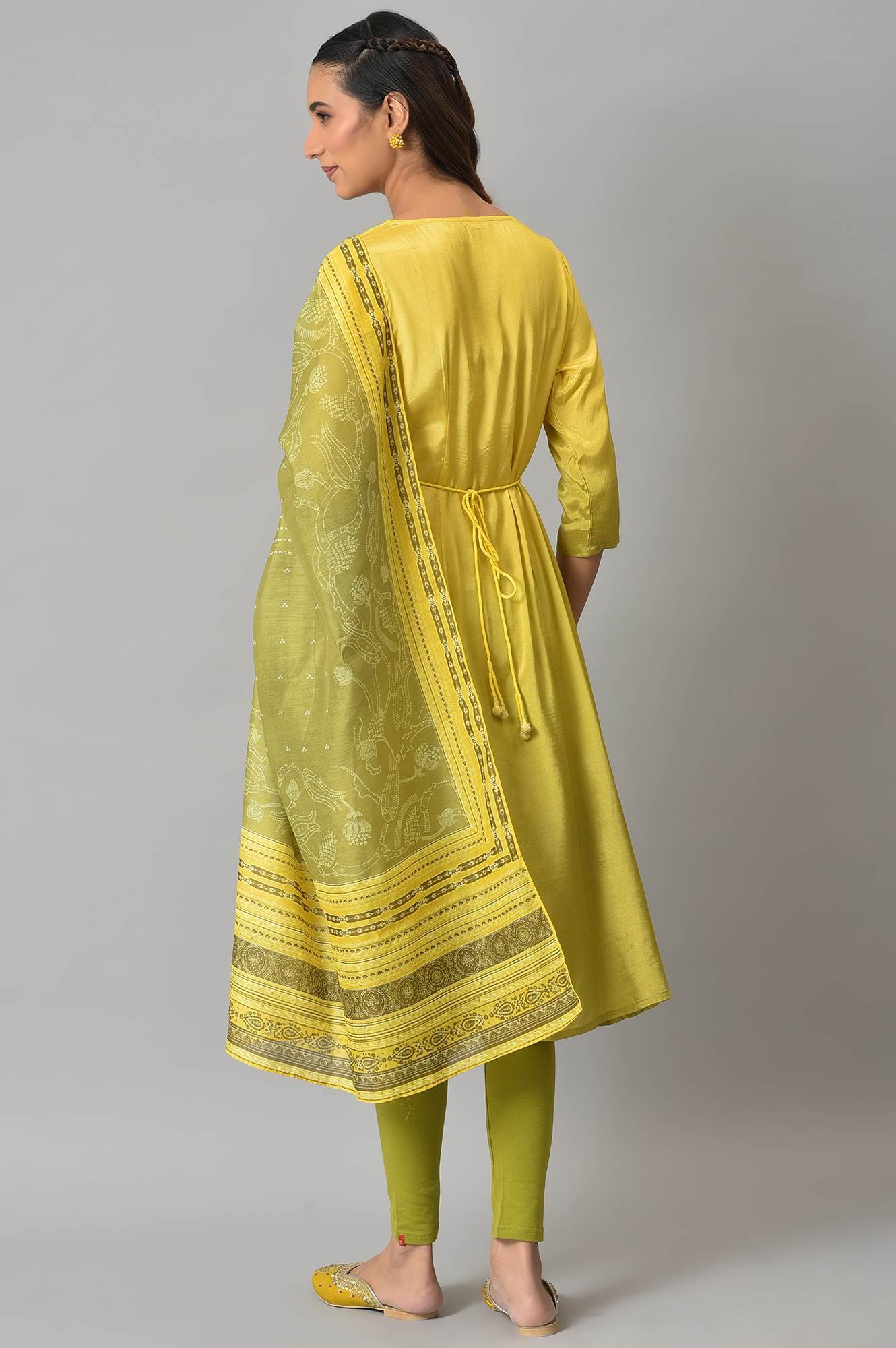 Lemon Yellow and Olive Green Printed Kurta with Tights and Dupatta Set - Image 2