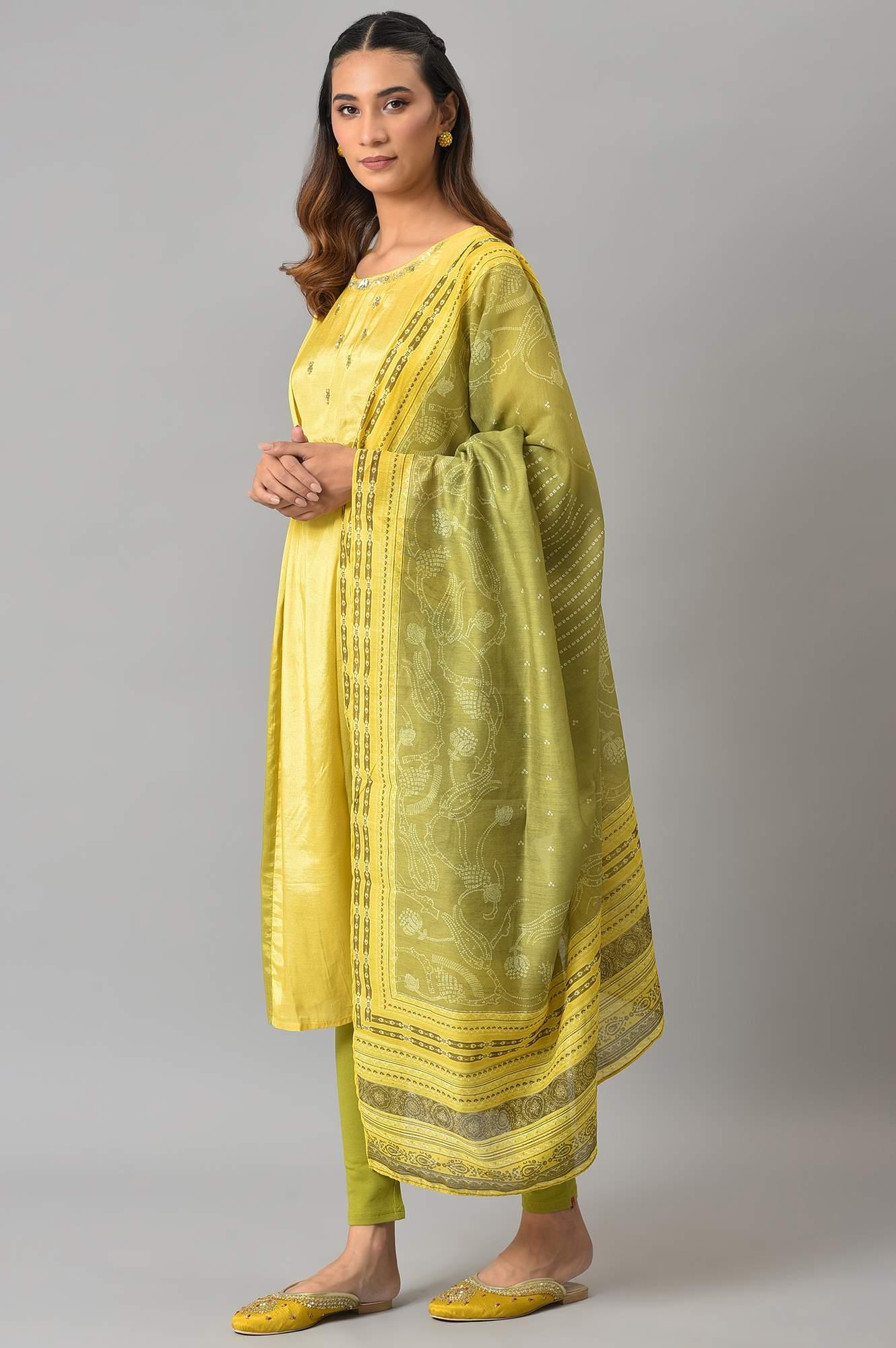 Lemon Yellow and Olive Green Printed Kurta with Tights and Dupatta Set - Image 3