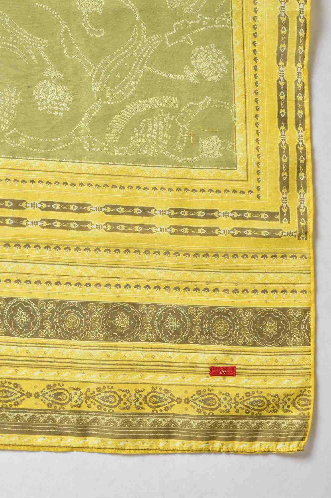 Lemon Yellow and Olive Green Printed Kurta with Tights and Dupatta Set - Image 8