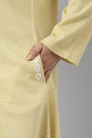 Lemon Yellow Embroidered A-Line Plus Size Winter kurta - Image 2