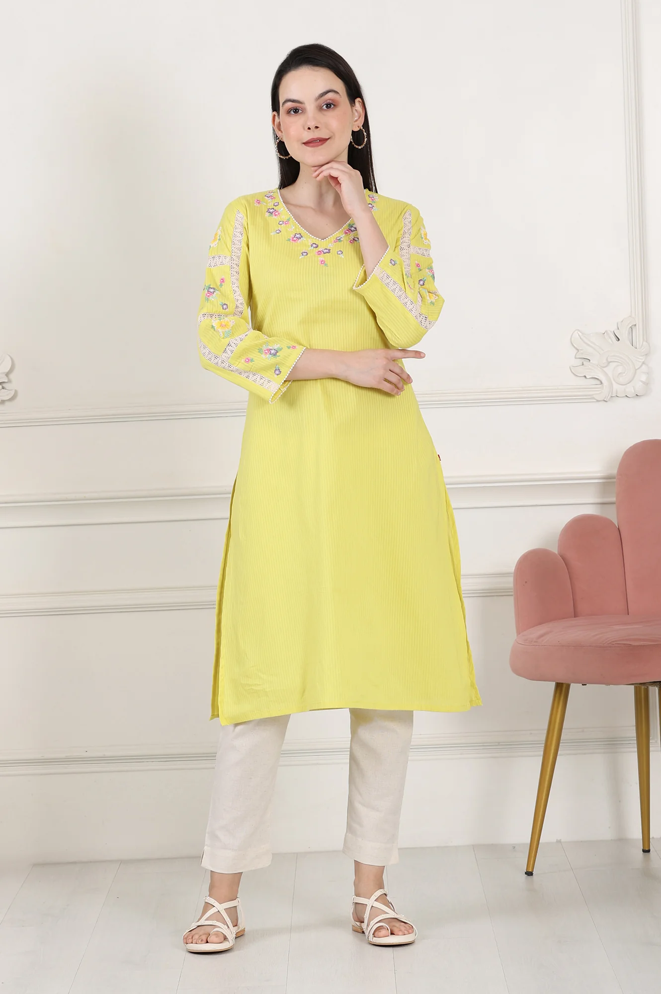 Lemon Yellow Floral Thread Embroidered Pure Cotton Straight Kurta - Image 7