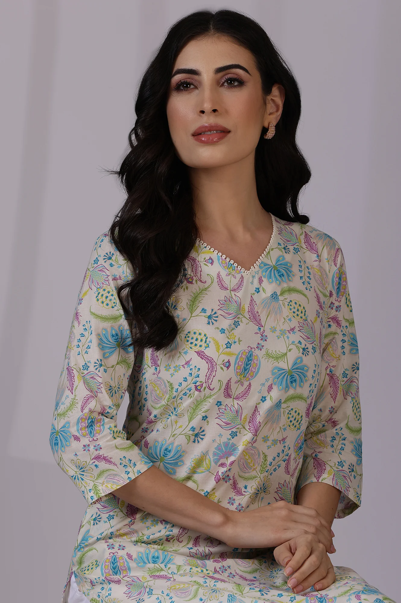 Light Beige Floral Printed Pure Cotton Straight Kurta - Image 2