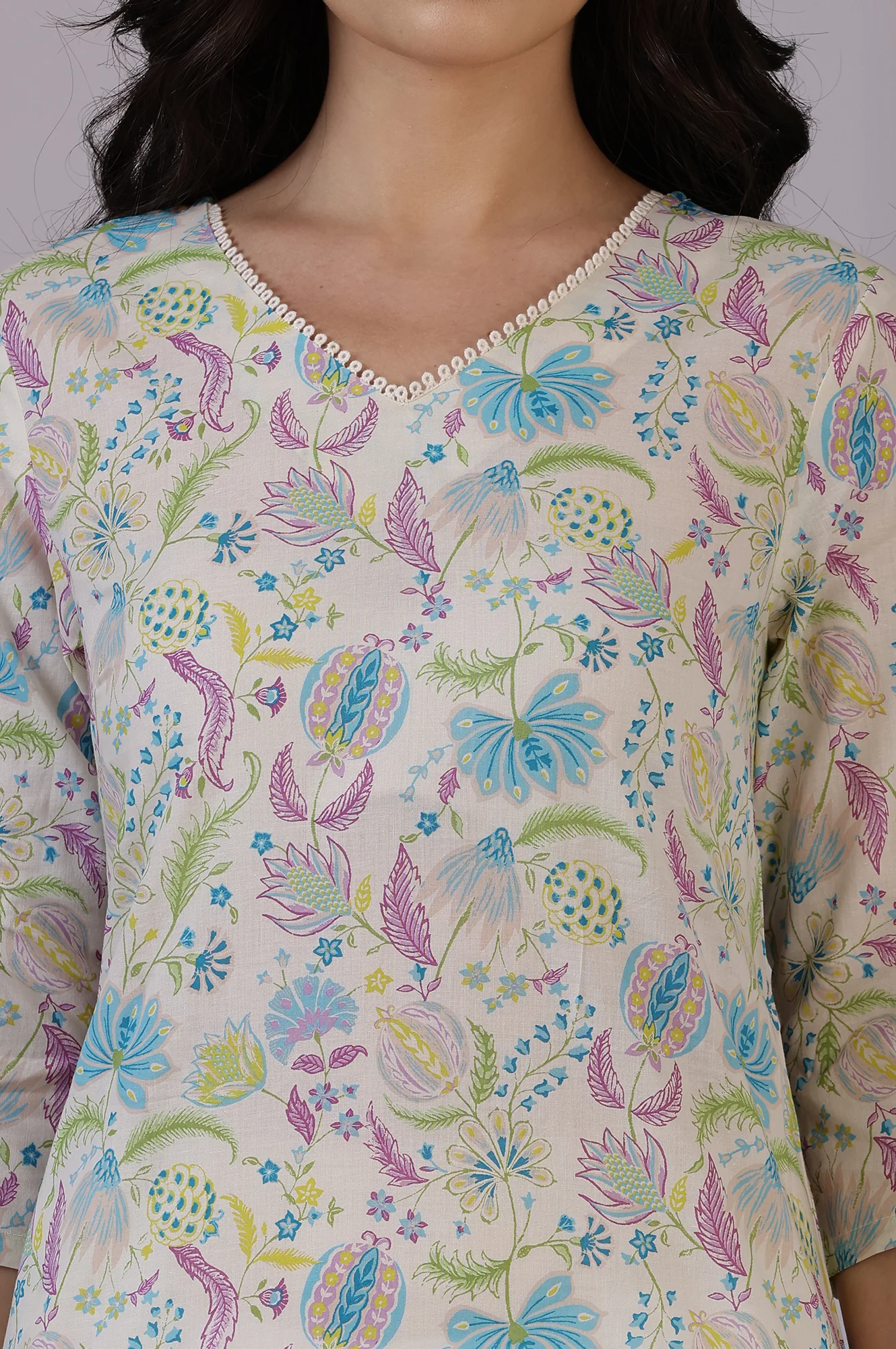 Light Beige Floral Printed Pure Cotton Straight Kurta - Image 4