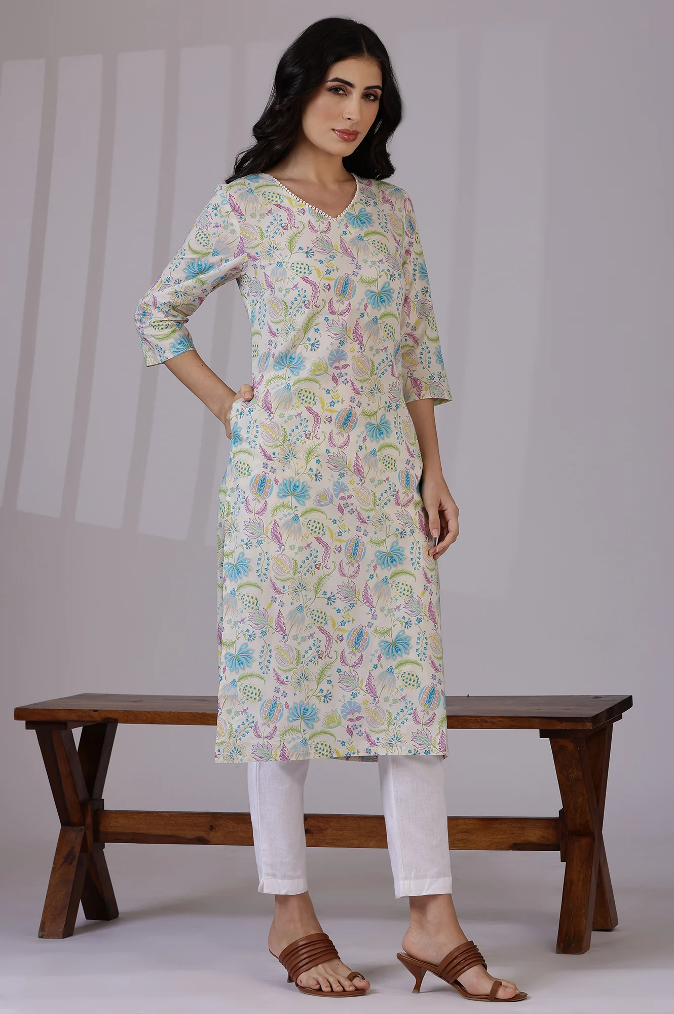 Light Beige Floral Printed Pure Cotton Straight Kurta - Image 7