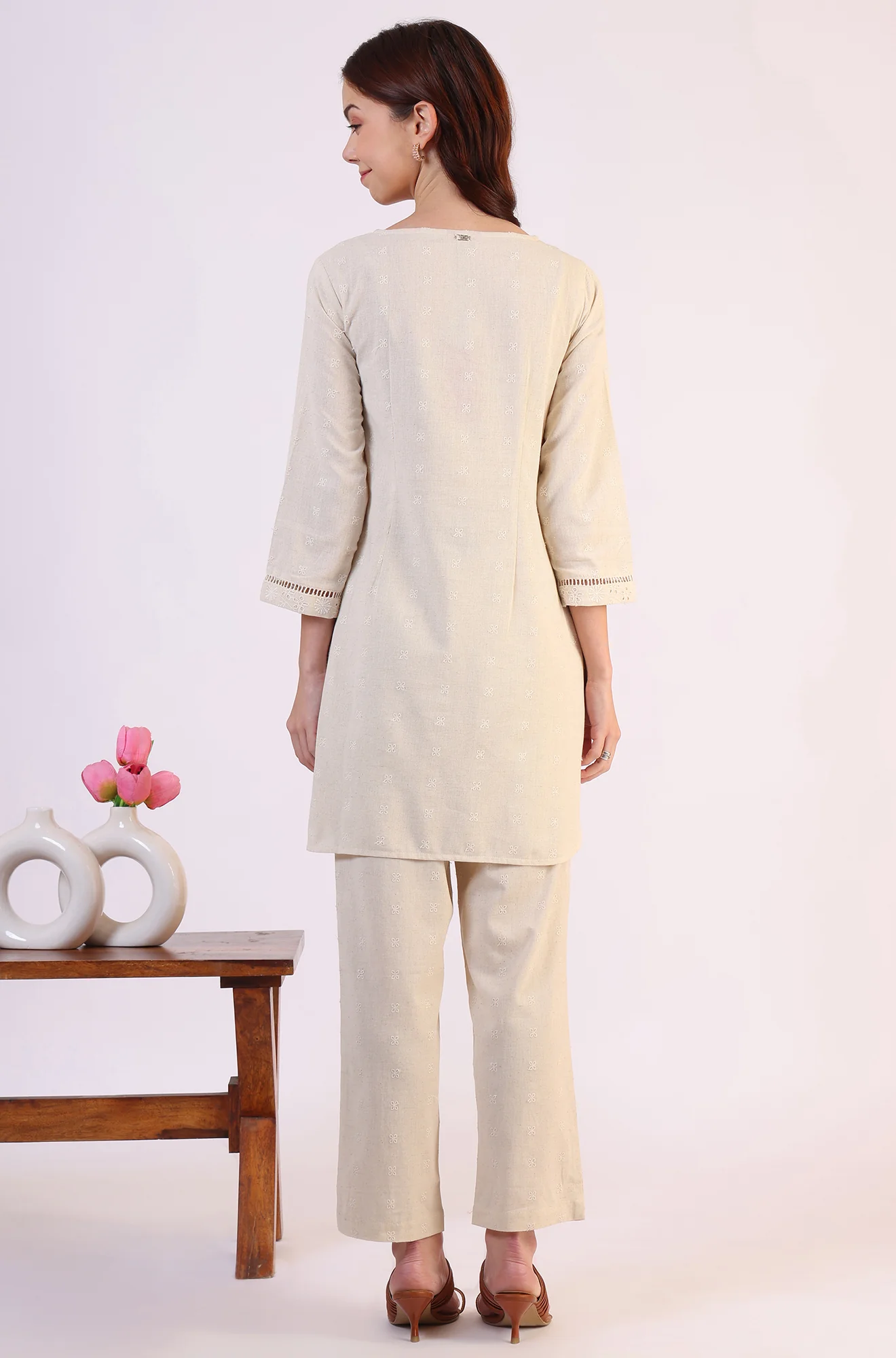 Light Beige Schiffili Embroidered Cotton Flax Short Kurta and Straight Pants Co-ord Set - Image 6