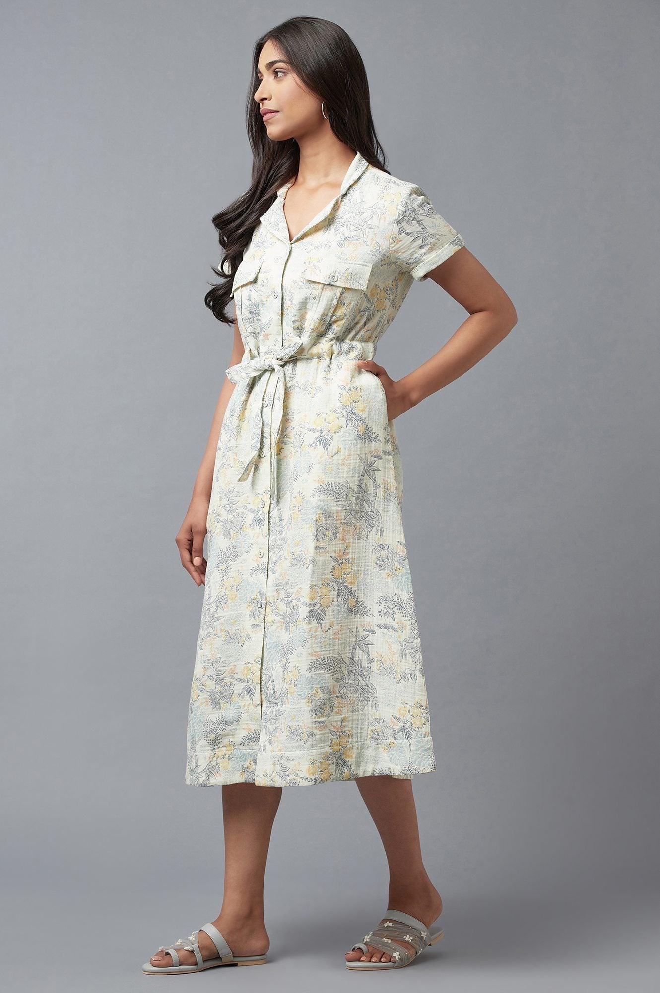 Light Blue A-Line Cotton Dress In Lapel Collar - Image 3