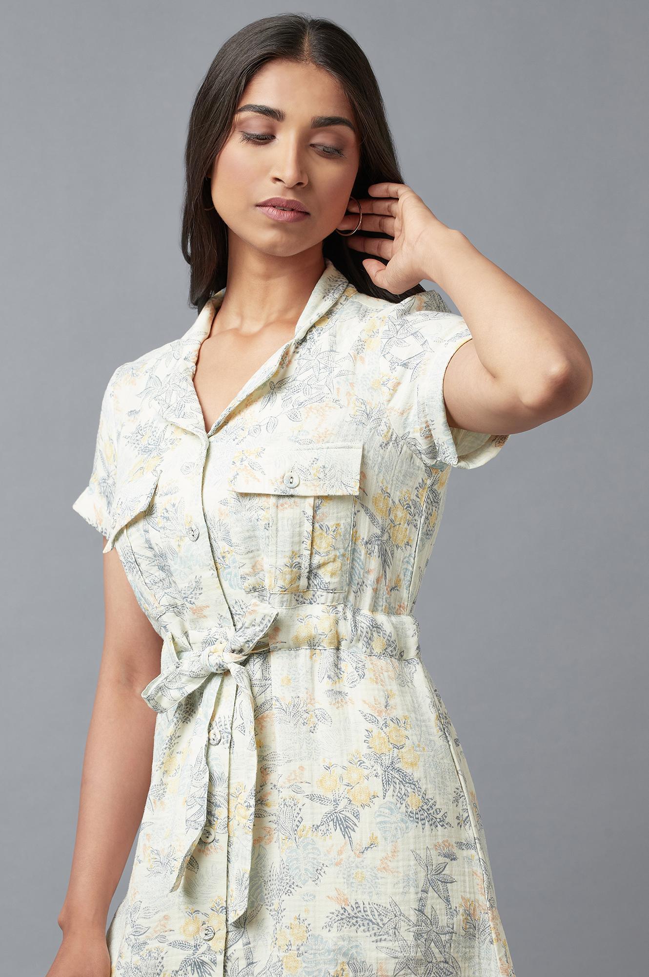 Light Blue A-Line Cotton Dress In Lapel Collar - Image 5