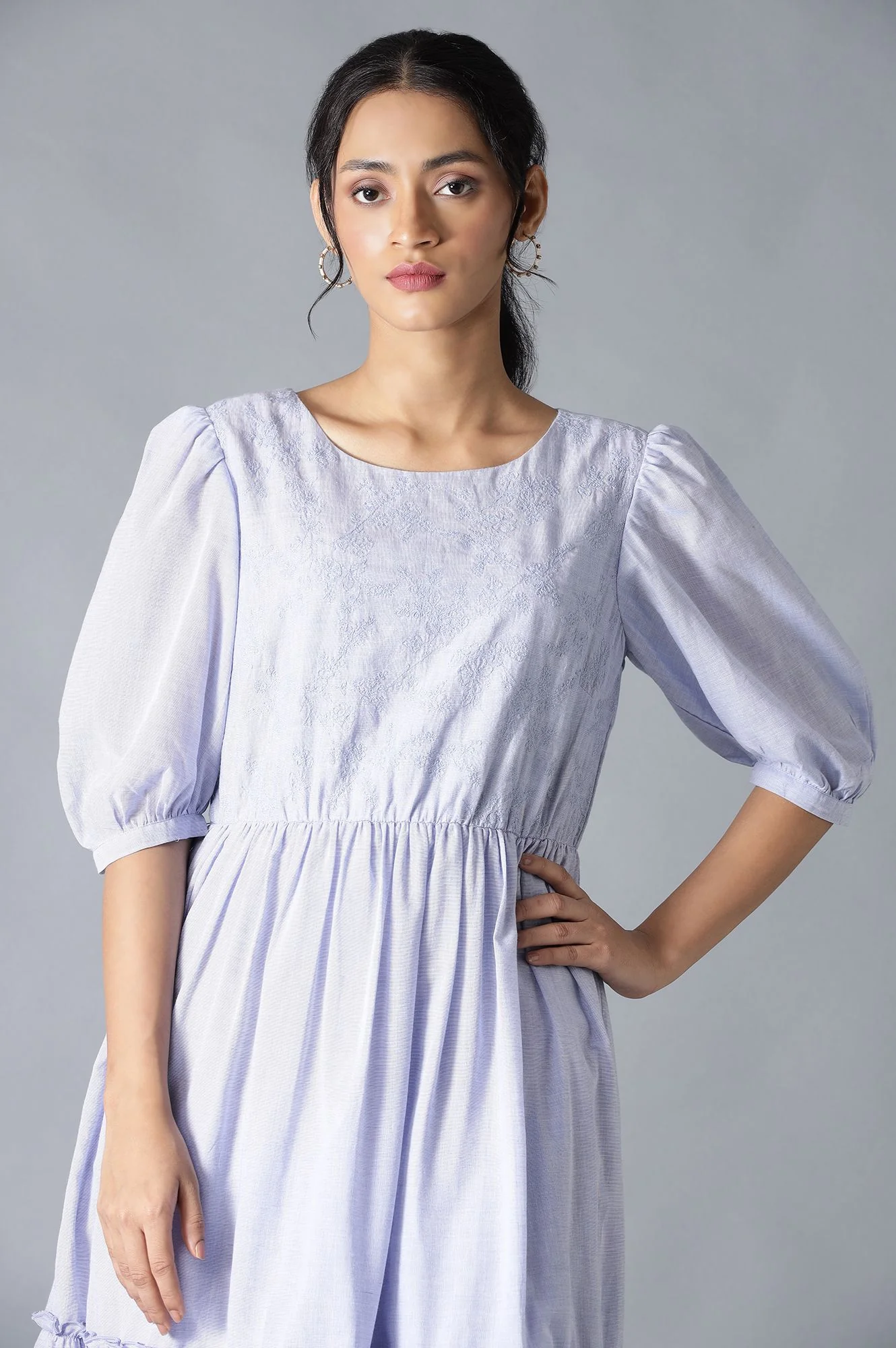 Light Blue Chambray Embroidered Tiered Dress - Image 5