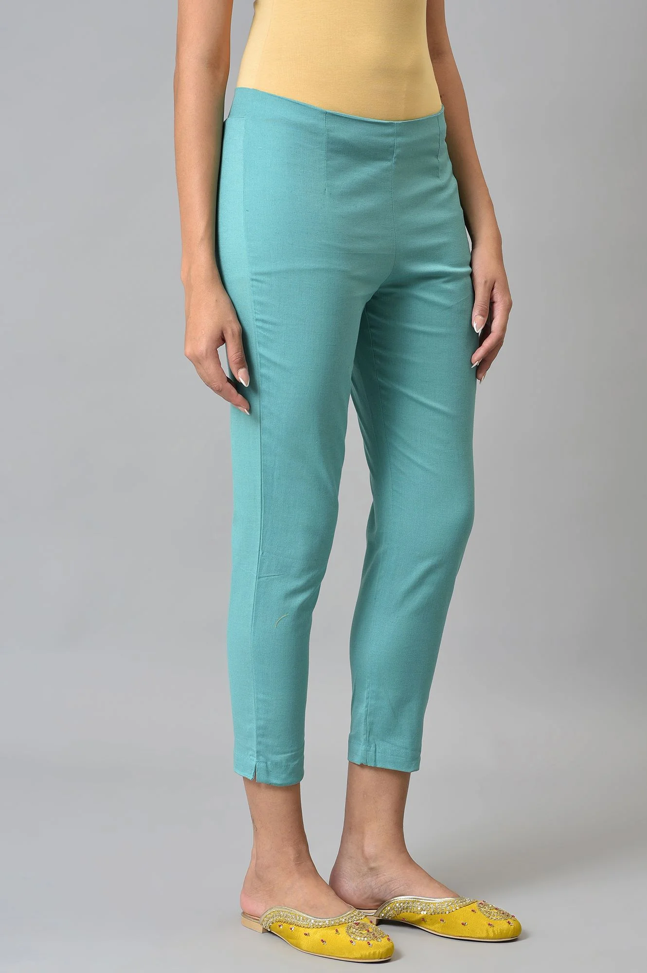 Light Blue Cotton Blend Slim Pants - Image 4