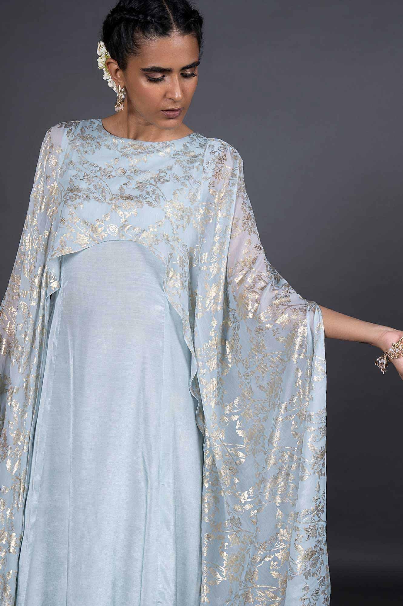 Light Blue Solid Belted Dupatta Drape Georgette Dress - Image 7