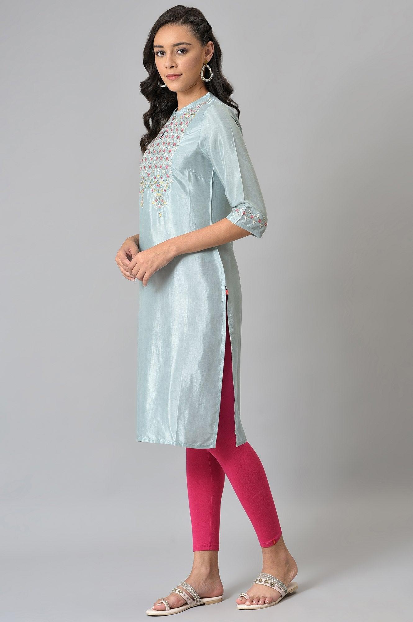 Light Blue Embroidered kurta In Mandarin Collar - Image 3