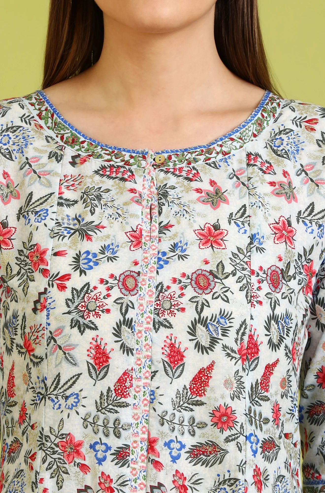 Light Blue Floral Glitter Printed Pure Cotton Anarkali Kurta - Image 4