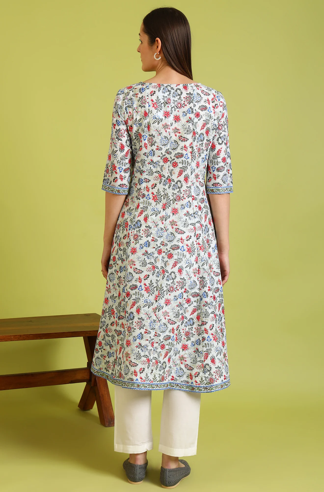Light Blue Floral Glitter Printed Pure Cotton Anarkali Kurta - Image 6