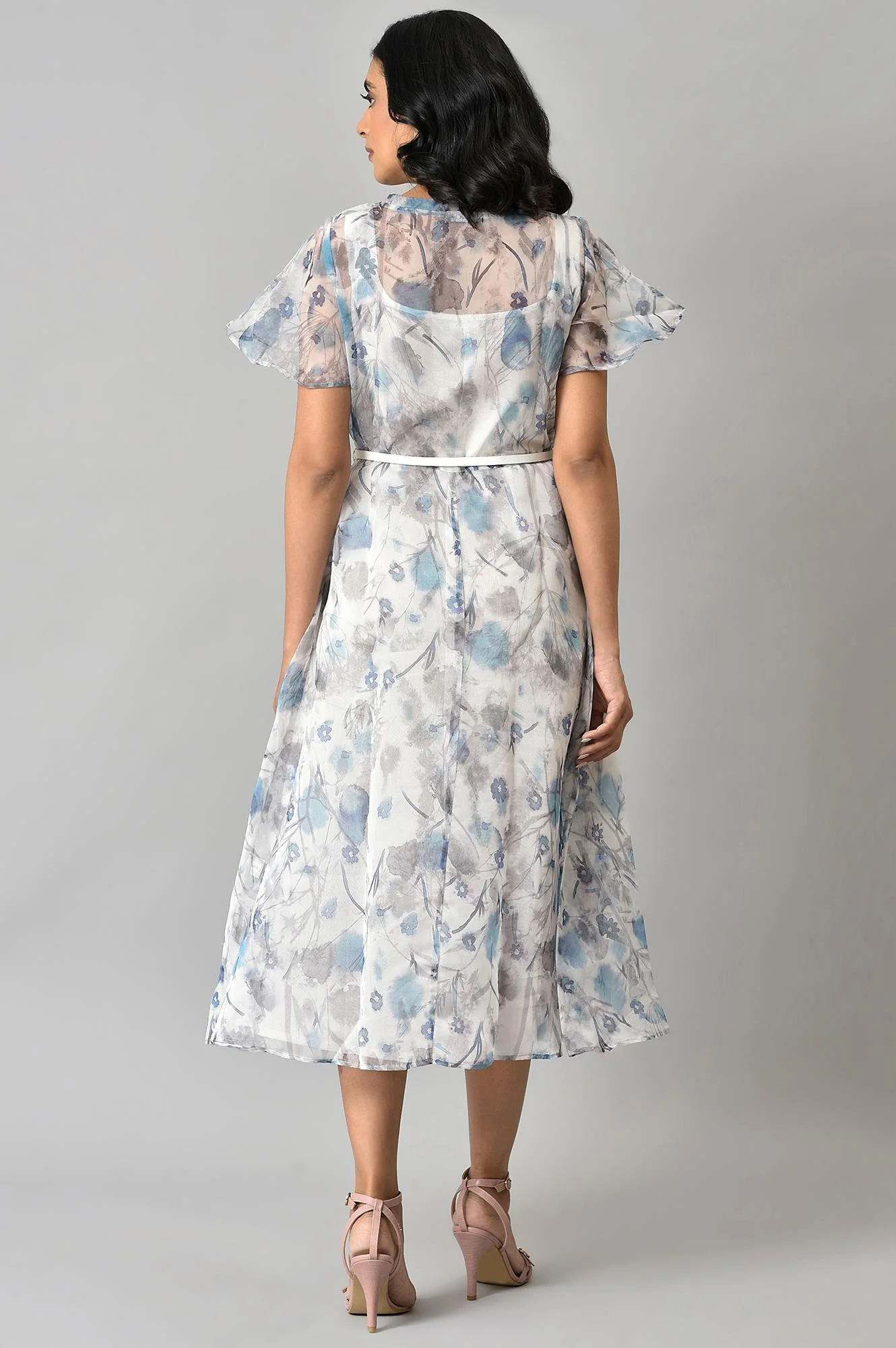 Light Blue Floral Printed Organza Dress with Inner - Image 2