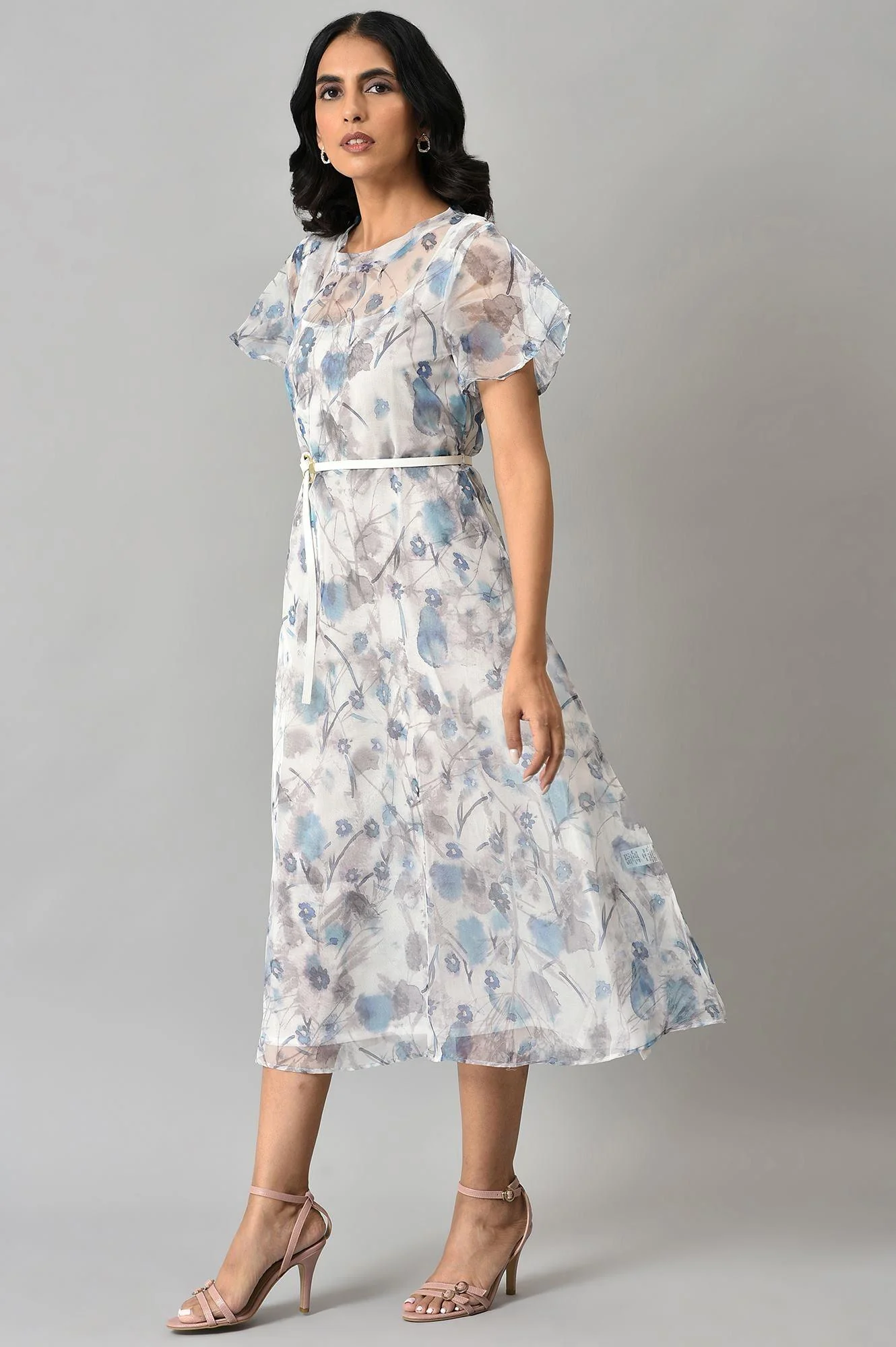 Light Blue Floral Printed Organza Dress with Inner - Image 3